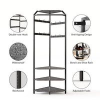 Garvee Corner Hall Tree with Hanging Clothes Rod, Corner Coat Rack - 12 Hooks Corner Clothes Rack with Storage Rack