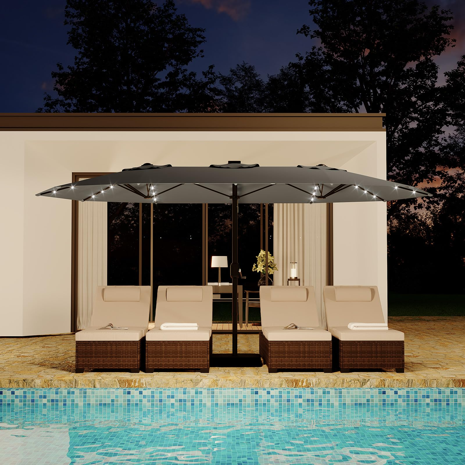 Garvee 15' Solar-Powered Patio Umbrella with 36 LED Lights, Double-Sided Design & Cross Base for Poolside, Deck, Backyard, Grey