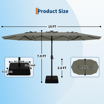 Garvee 15' Solar-Powered Patio Umbrella with 36 LED Lights, Double-Sided Design & Cross Base for Poolside, Deck, Backyard, Grey