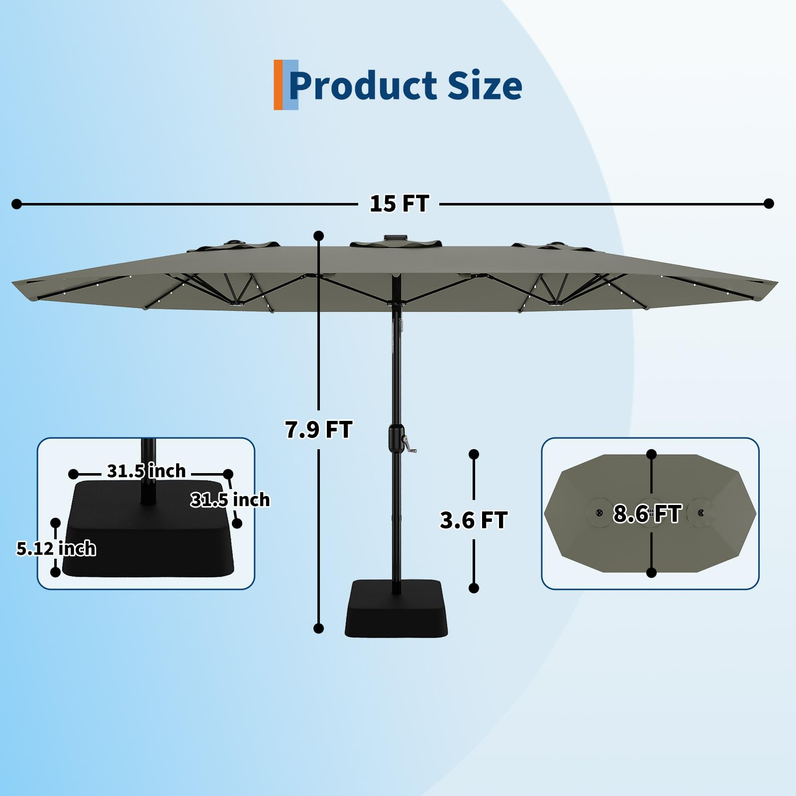 Garvee 15' Solar-Powered Patio Umbrella with 36 LED Lights, Double-Sided Design & Cross Base for Poolside, Deck, Backyard, Grey