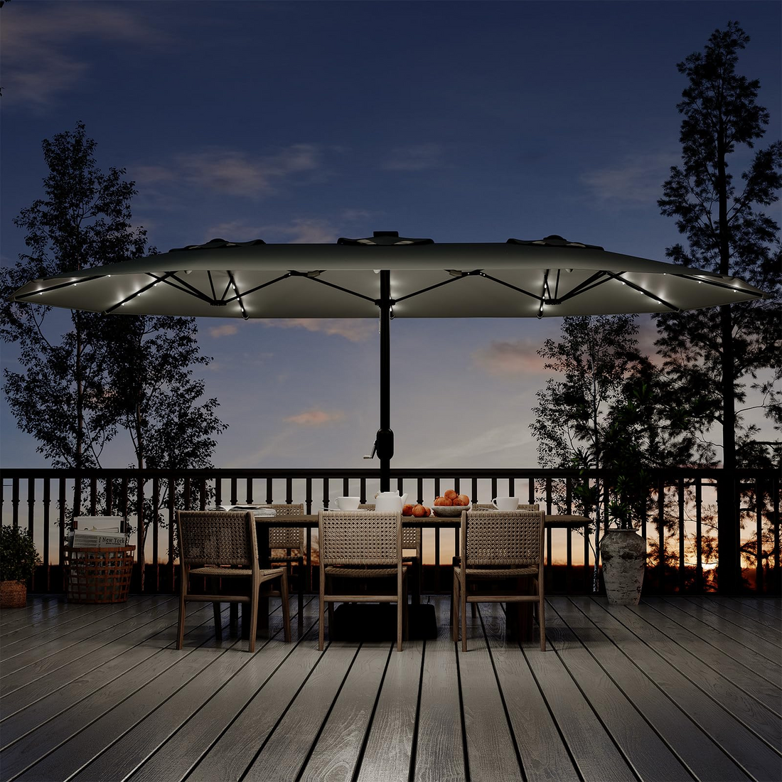 Garvee 15' Solar-Powered Patio Umbrella with 36 LED Lights, Double-Sided Design & Cross Base for Poolside, Deck, Backyard, Grey