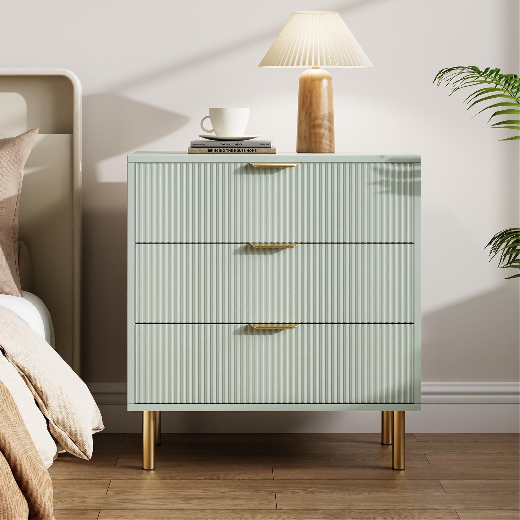 Garvee Green Dresser, Modern 3 Drawers Dresser for Bedroom with Gold Handle and Large Drawer, Wood Double Chest of Drawers and Storage Organizer for Living Room, Hallway, Entryway