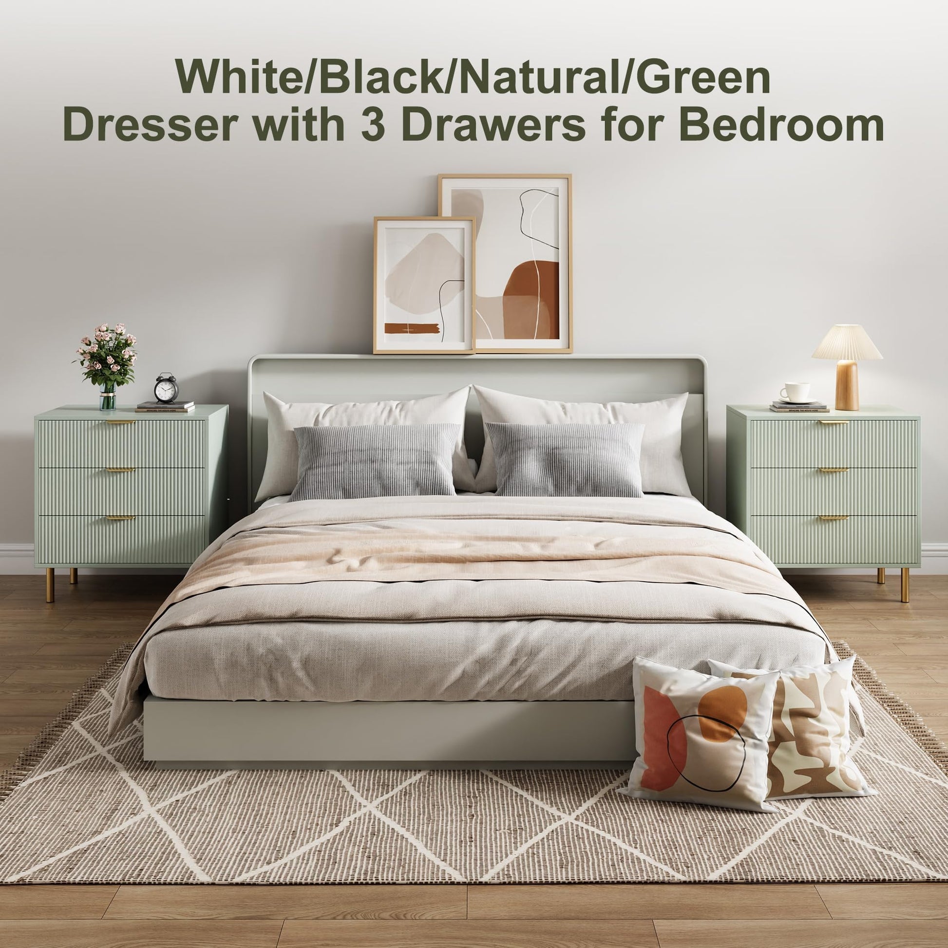 Garvee Green Dresser, Modern 3 Drawers Dresser for Bedroom with Gold Handle and Large Drawer, Wood Double Chest of Drawers and Storage Organizer for Living Room, Hallway, Entryway