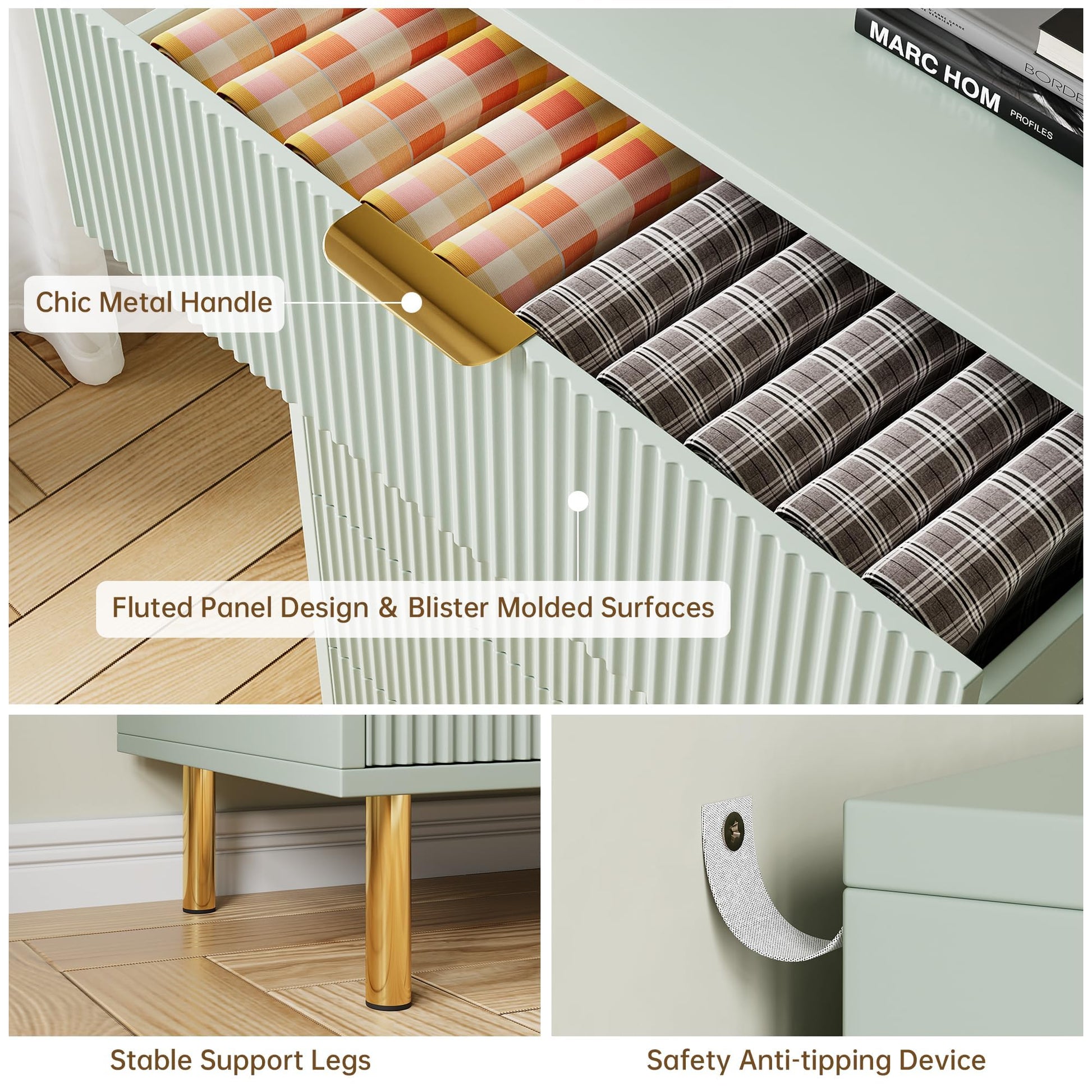 Garvee Green Dresser, Modern 3 Drawers Dresser for Bedroom with Gold Handle and Large Drawer, Wood Double Chest of Drawers and Storage Organizer for Living Room, Hallway, Entryway