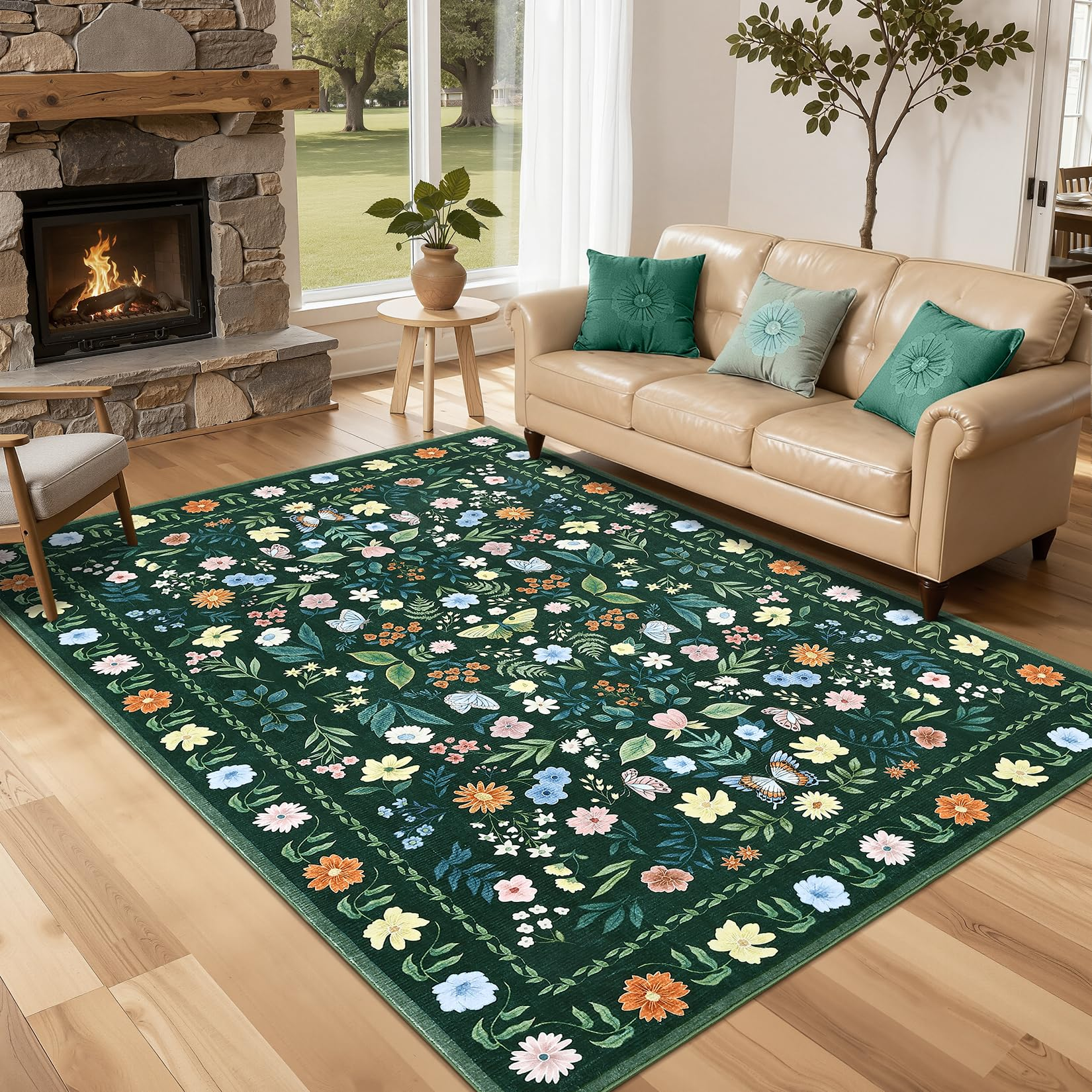 Garvee Washable Floral Rug Non Slip Living Room Rug, Area Rugs Vintage Distressed Soft Carpet for Bedroom, Dinning Room, Home Office