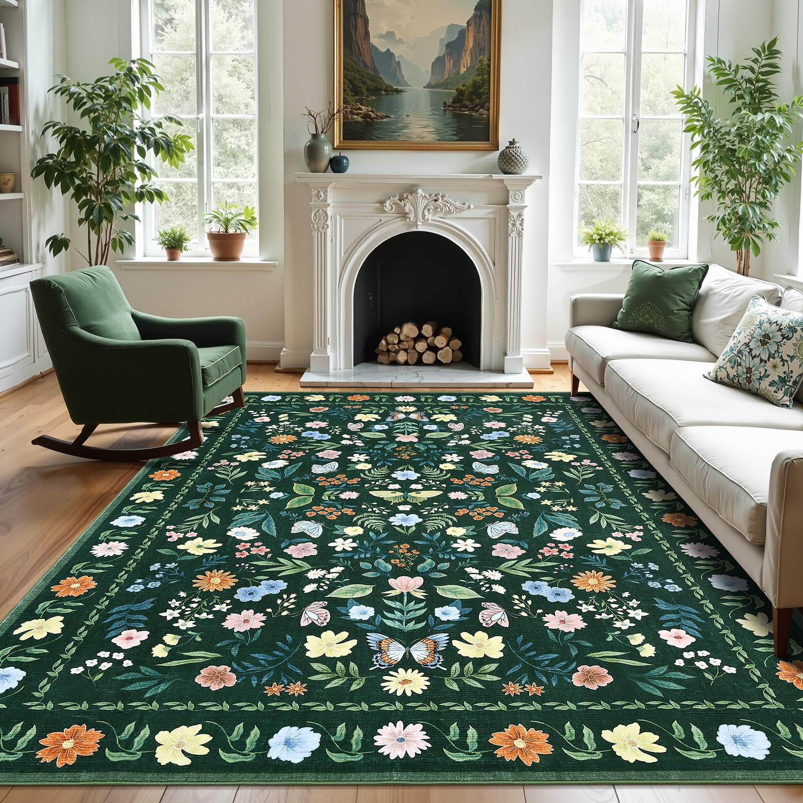 Garvee Washable Floral Rug Non Slip Living Room Rug, Area Rugs Vintage Distressed Soft Carpet for Bedroom, Dinning Room, Home Office