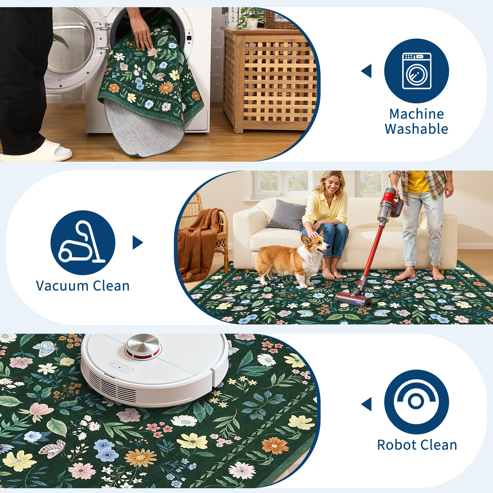 Garvee Washable Floral Rug Non Slip Living Room Rug, Area Rugs Vintage Distressed Soft Carpet for Bedroom, Dinning Room, Home Office