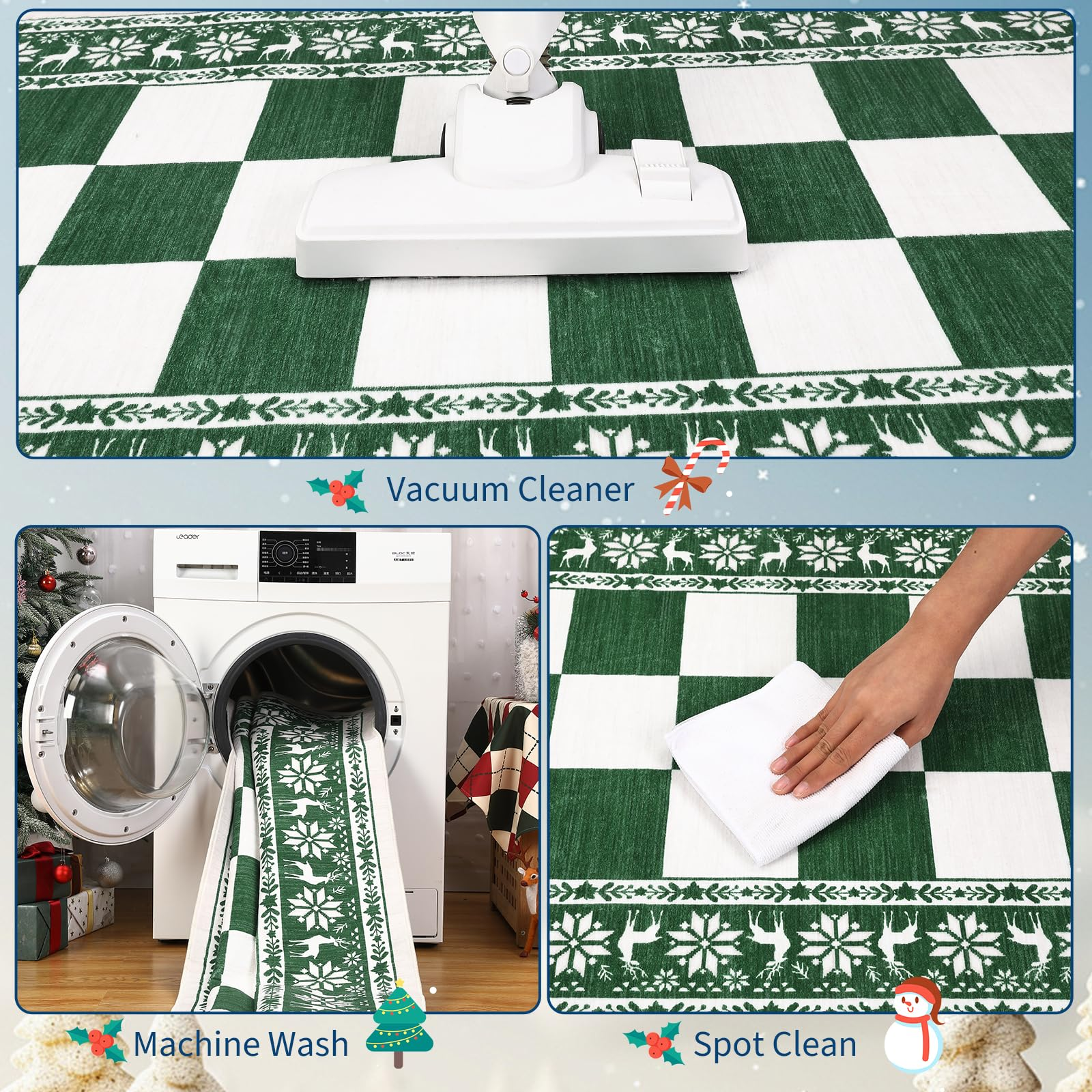 Garvee Green 2x6 Runner Rug Washable Non Slip Checkered Soft Low Pile Christmas Rug for Kitchen Entryway Living Room Bedroom