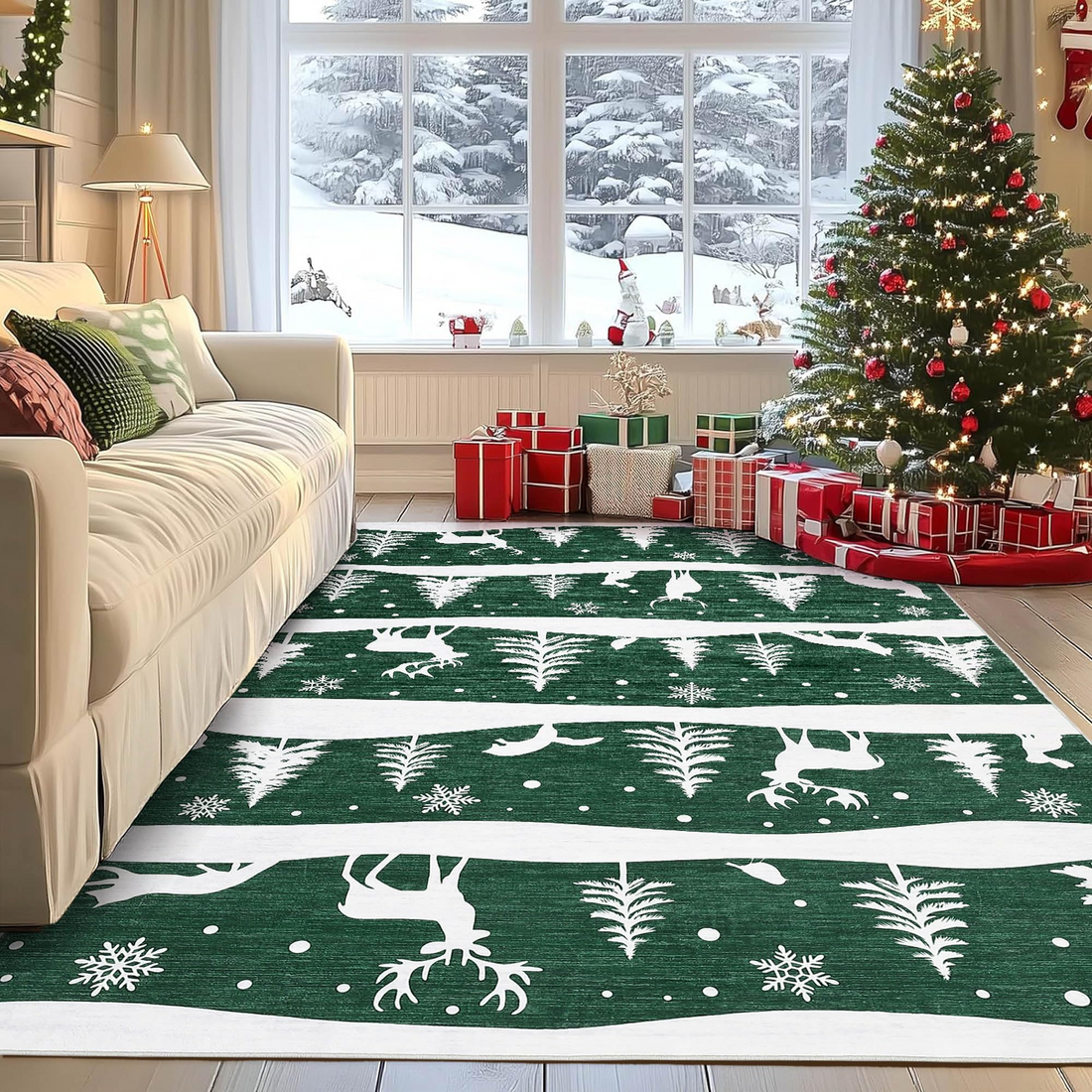 Garvee Green 8x10 Christmas Area Rug for Living Room, Washable Non Slip Carpet with Xmas Tree Reindeer Snowflake Design, Soft Low Pile Indoor Rug