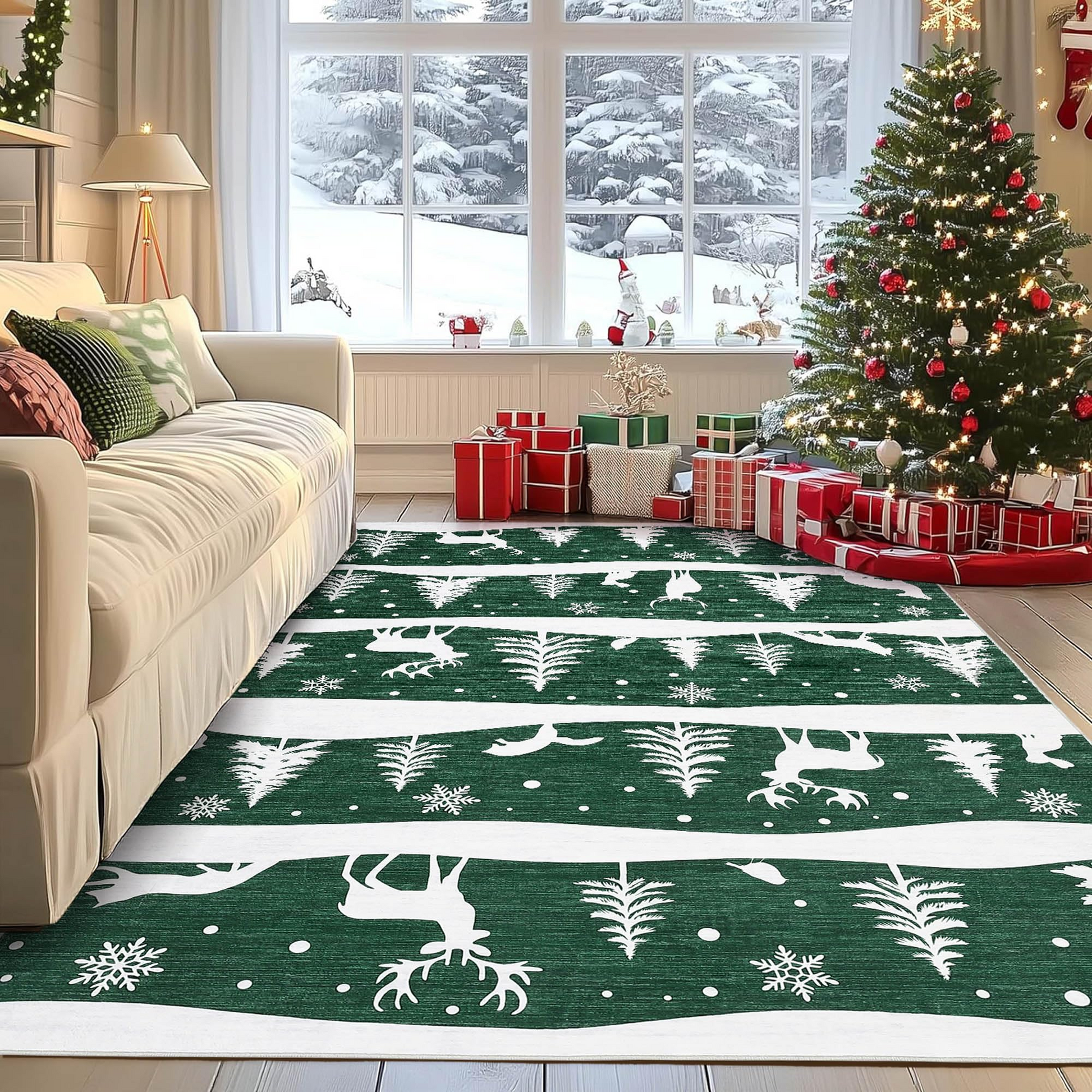 Garvee Green 8x10 Christmas Area Rug for Living Room, Washable Non Slip Carpet with Xmas Tree Reindeer Snowflake Design, Soft Low Pile Indoor Rug