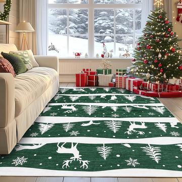 Garvee Green 8x10 Christmas Area Rug for Living Room, Washable Non Slip Carpet with Xmas Tree Reindeer Snowflake Design, Soft Low Pile Indoor Rug