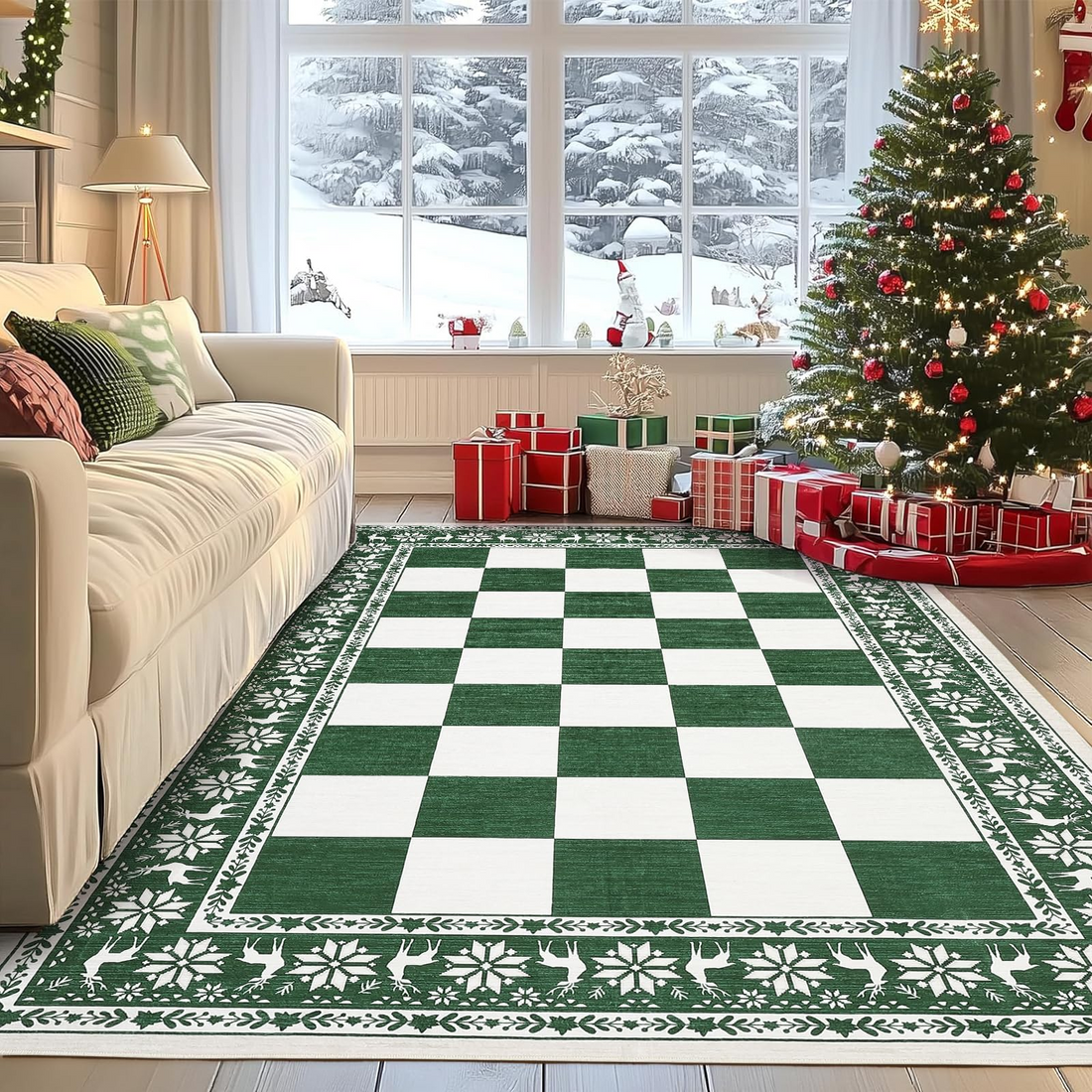 Garvee Green Area Rugs 9x12 Washable Non Slip Checkered Soft Low Pile Christmas Rug for Living Room Bedroom Dining Room
