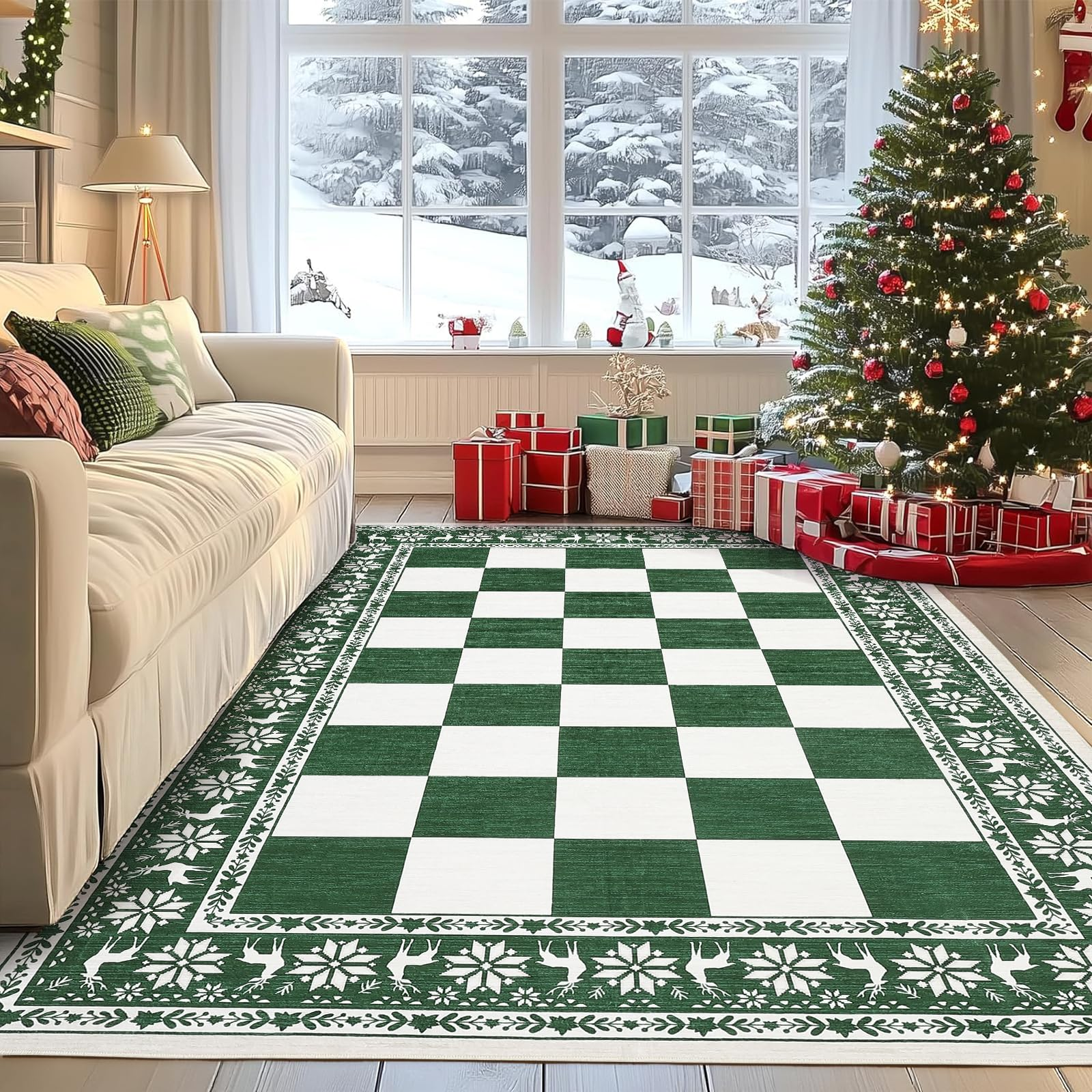 Garvee Green 8x10 Area Rugs Washable Non Slip Checkered Christmas Rug for Living Room Bedroom Dining Room
