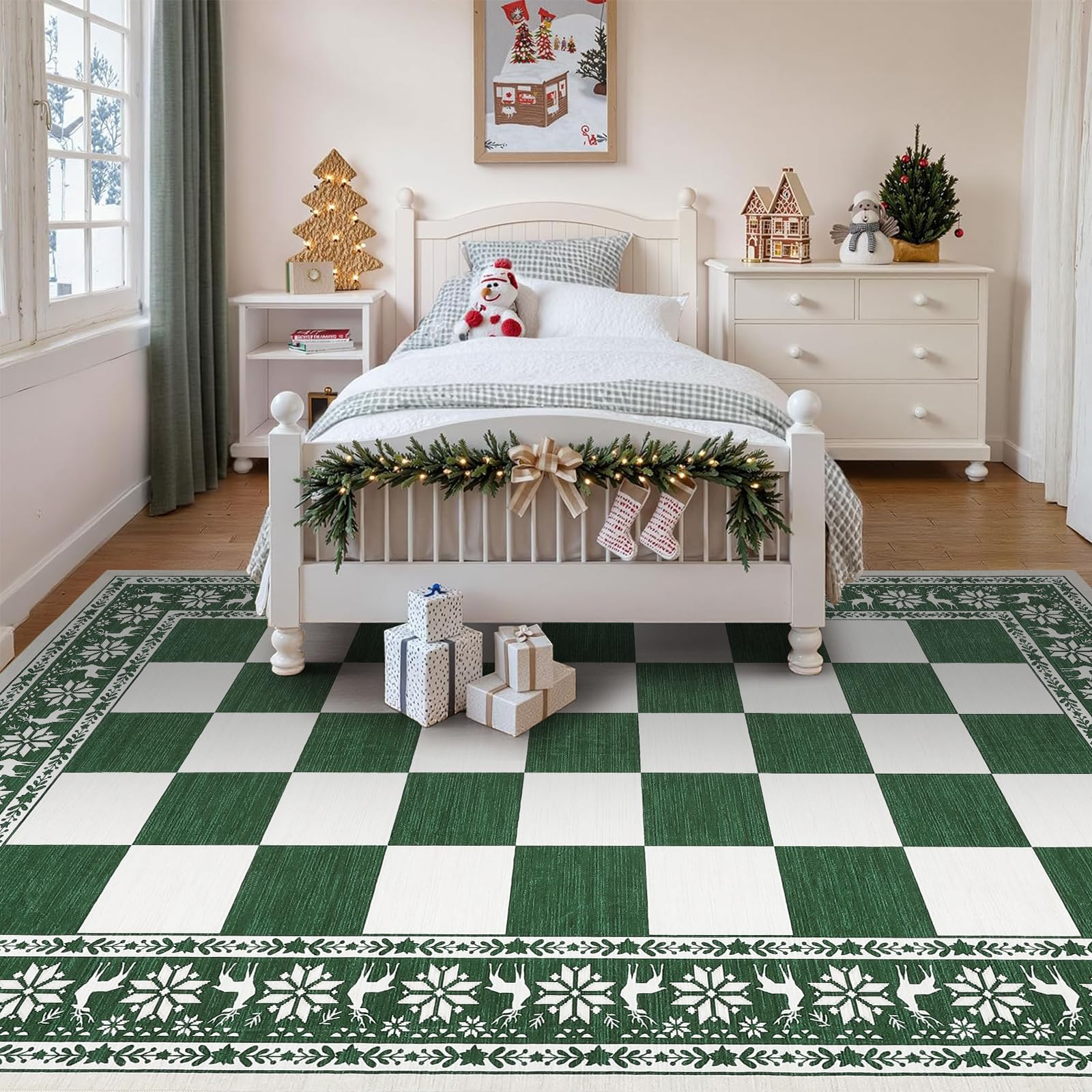Garvee Green 8x10 Area Rugs Washable Non Slip Checkered Christmas Rug for Living Room Bedroom Dining Room