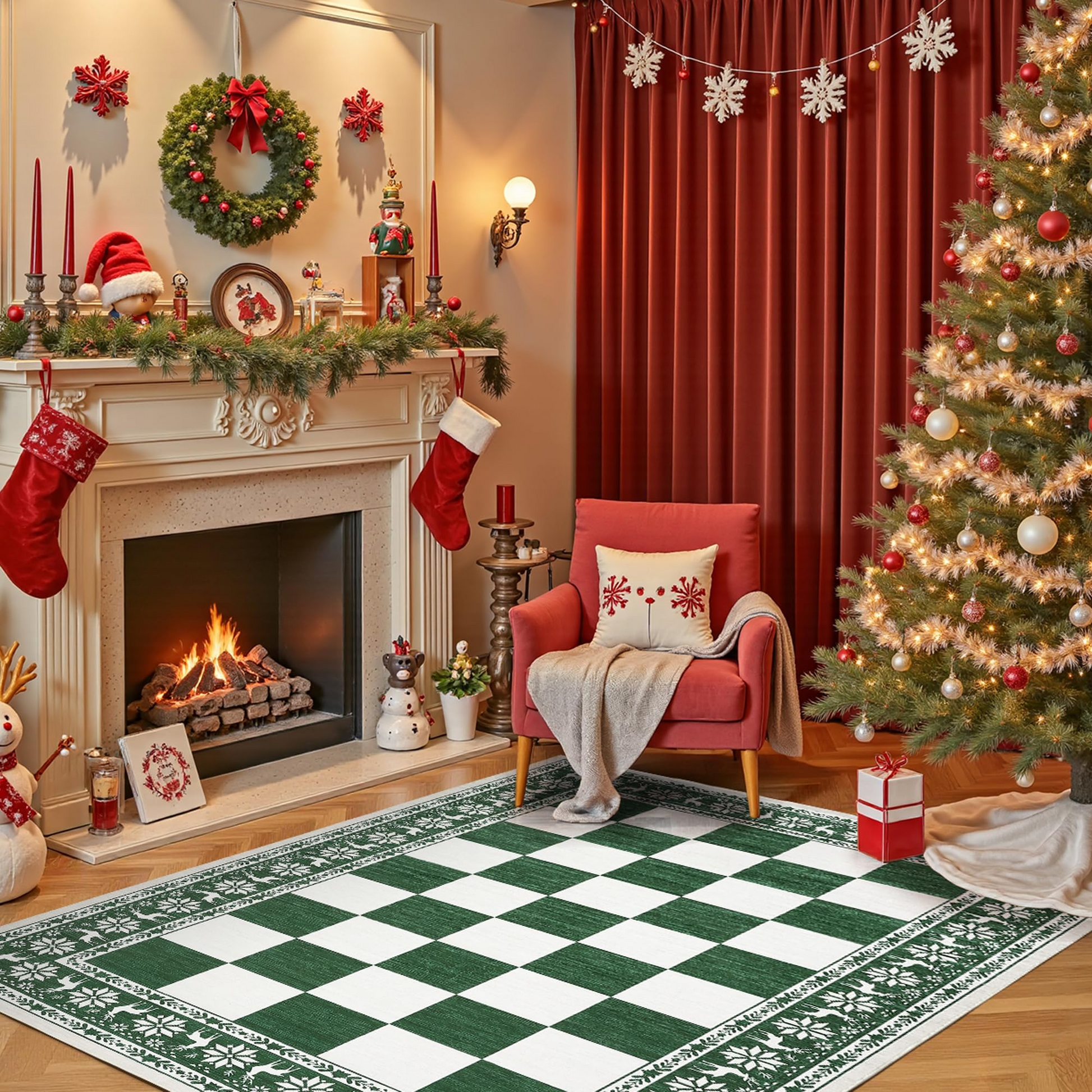 Garvee Green 8x10 Area Rugs Washable Non Slip Checkered Christmas Rug for Living Room Bedroom Dining Room
