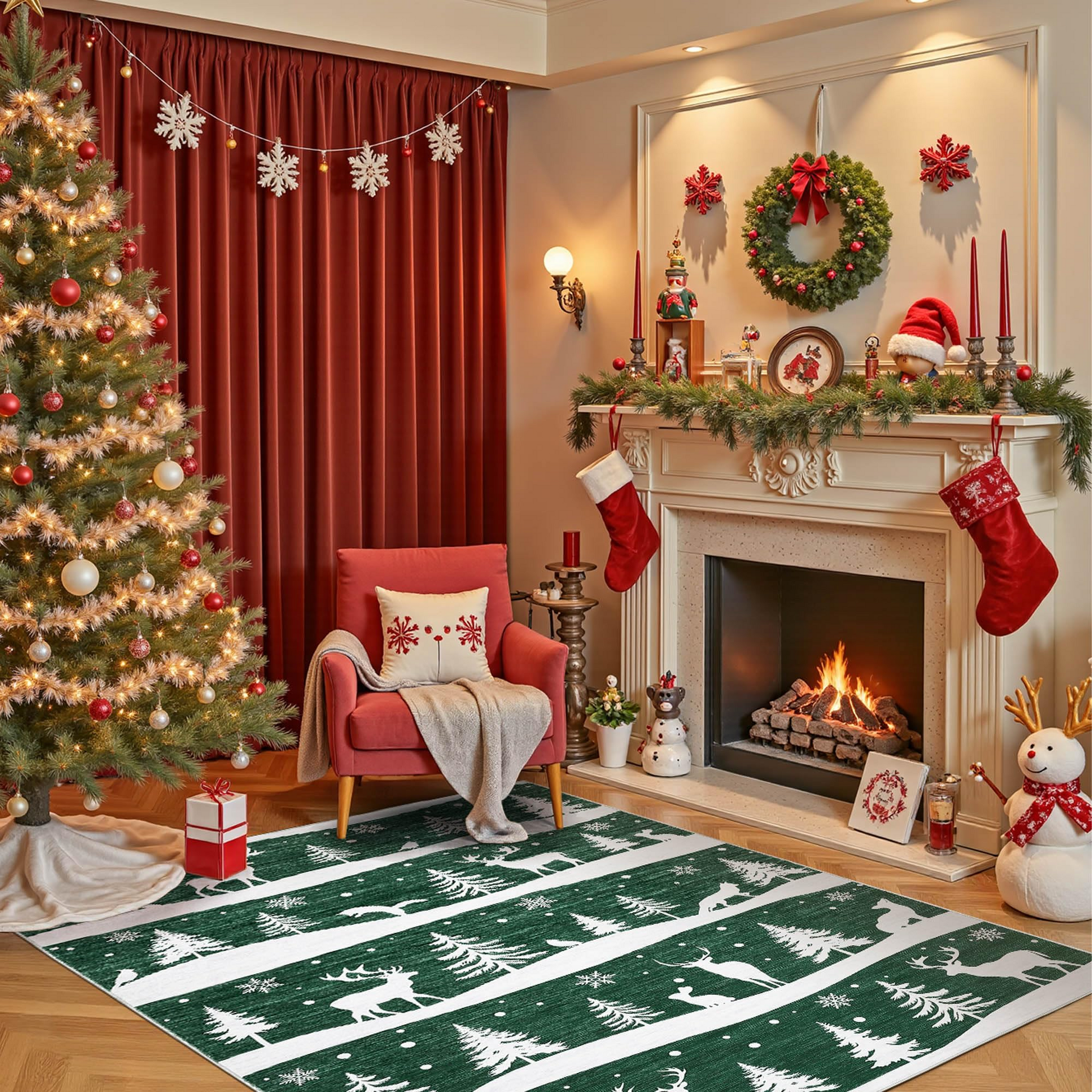 Garvee Green 8x10 Christmas Area Rug for Living Room, Washable Non Slip Carpet with Xmas Tree Reindeer Snowflake Design, Soft Low Pile Indoor Rug