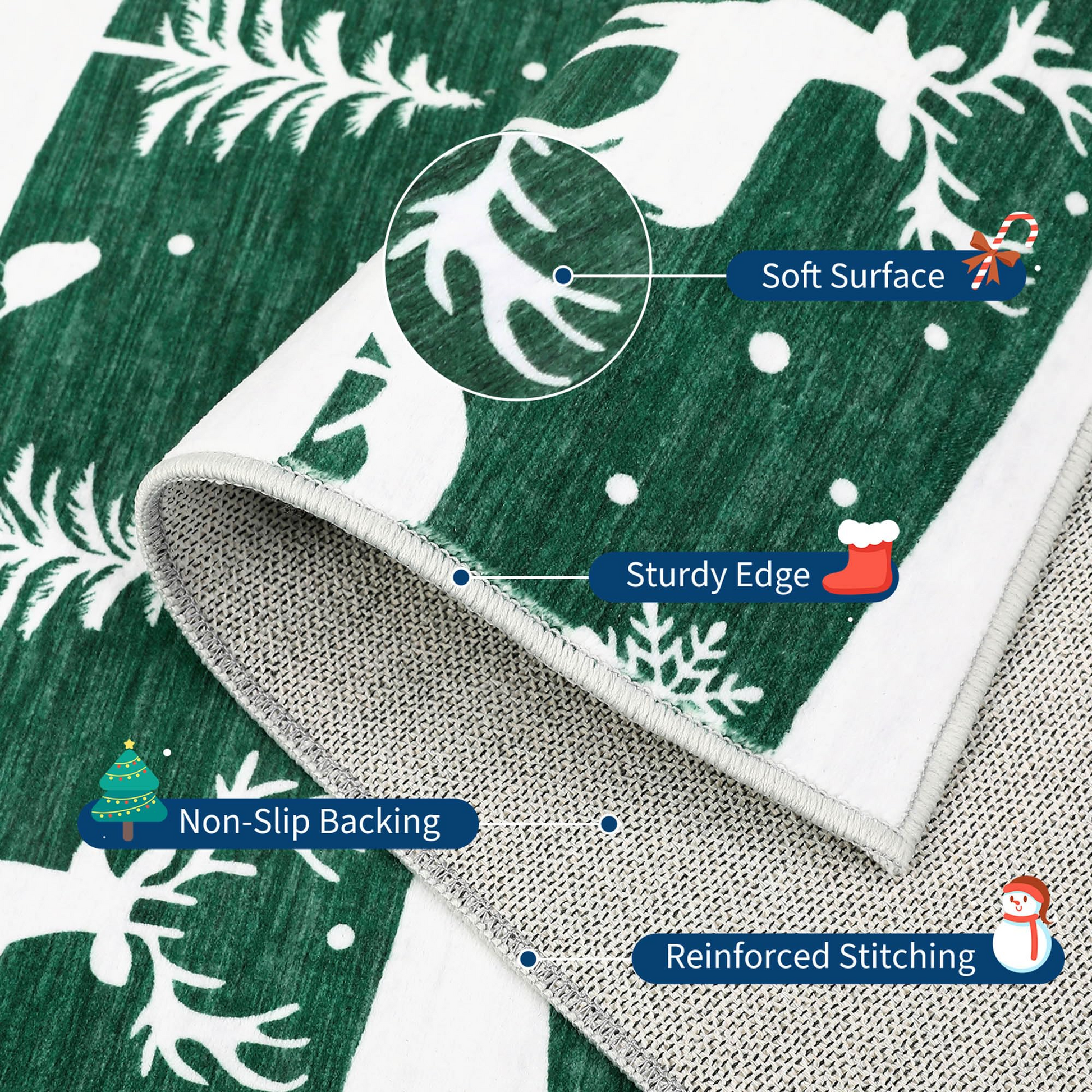 Garvee Green 8x10 Christmas Area Rug for Living Room, Washable Non Slip Carpet with Xmas Tree Reindeer Snowflake Design, Soft Low Pile Indoor Rug