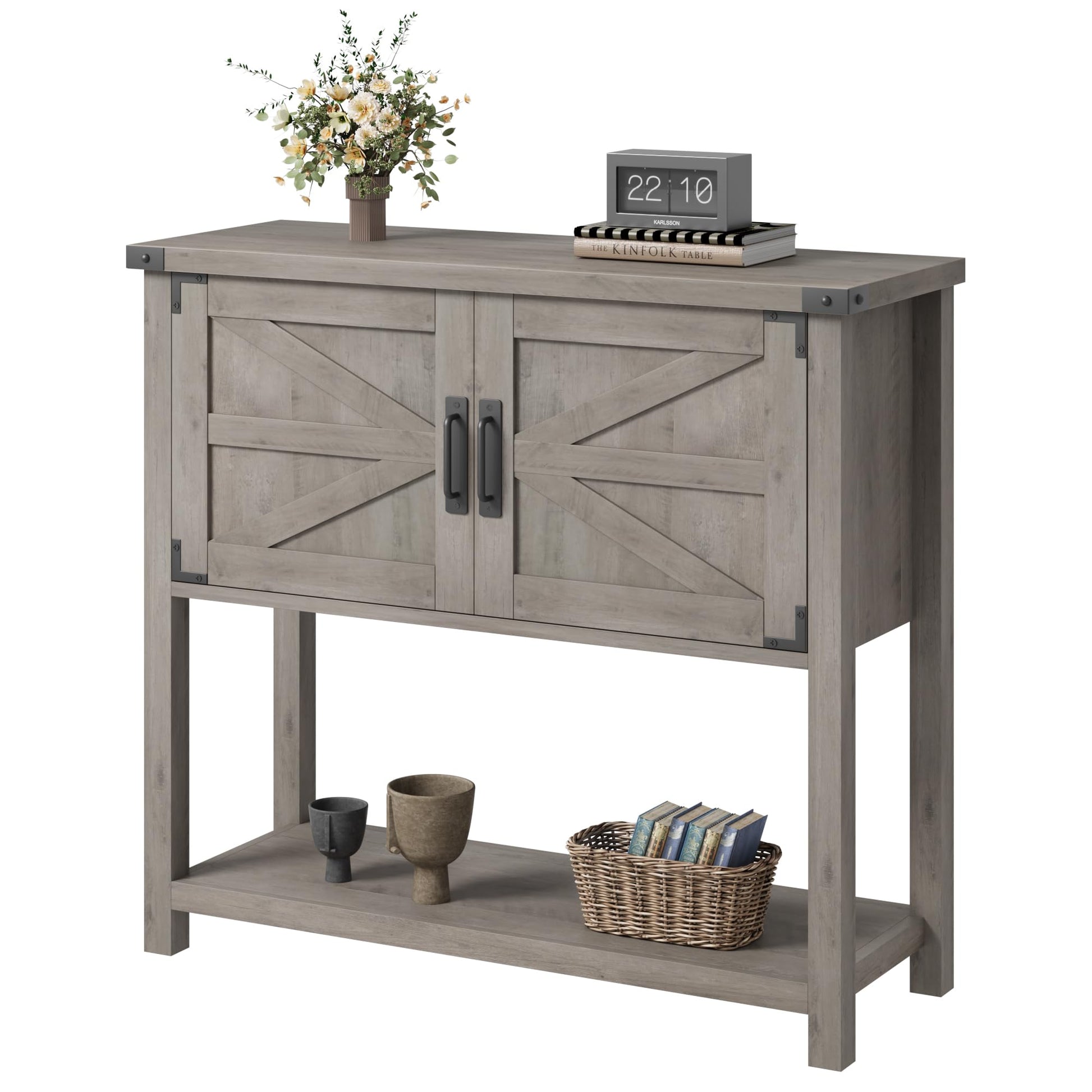 Garvee Farmhouse Console Table with 2-Door, Wood Coffee Bar Cabinet Sofa Table, Entryway Table with 2 Storage Cabinets, Farmhouse Buffet Sideboard for Kitchen, Living Room, Hallway, 32 Inch, Grey