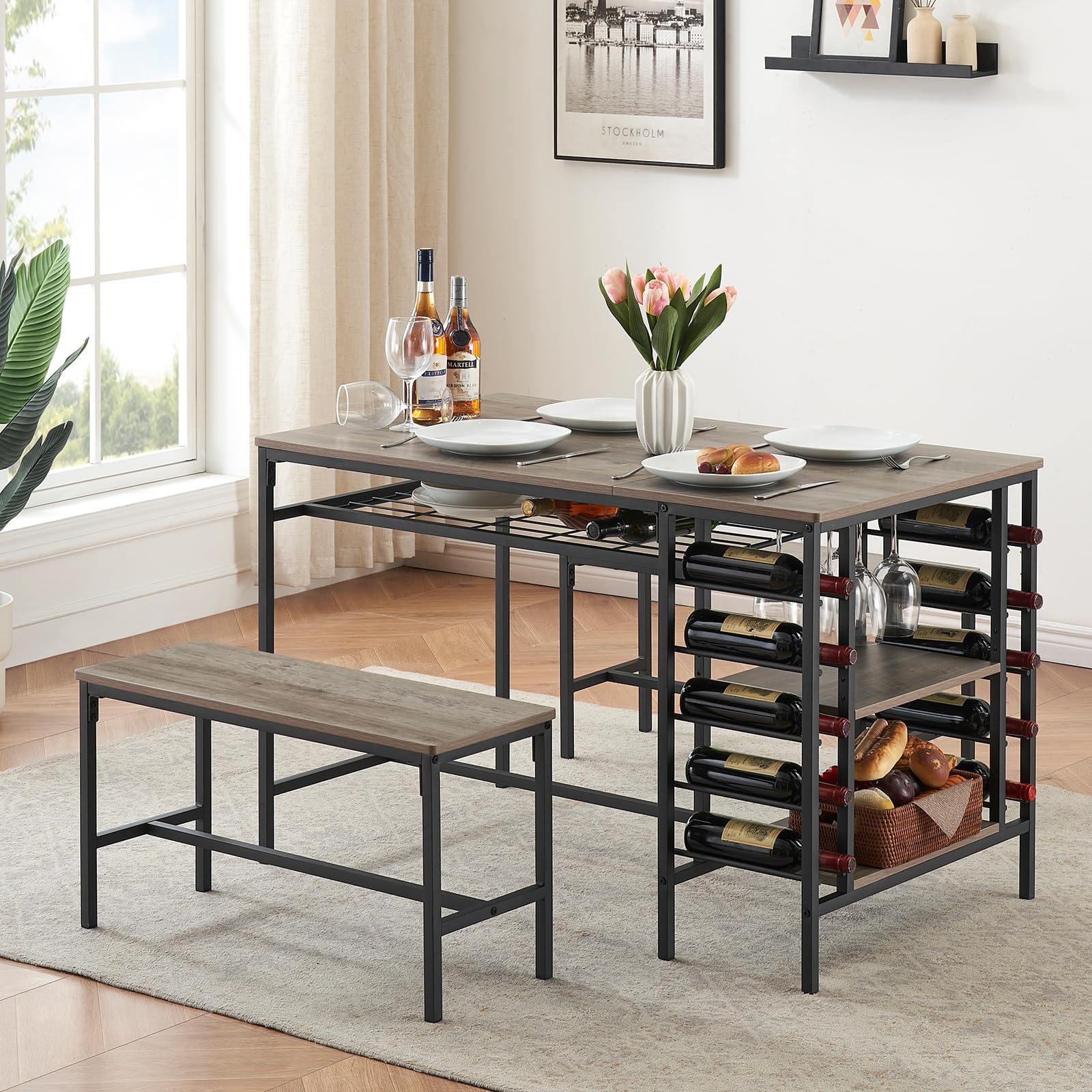 Garvee Dining Table Set for 4, Rectangular Kitchen Table Set with 2 Benches, Wine Rack and Glass Holder, 3 Piece Dining Table Set for Small Space Apartment, Grey
