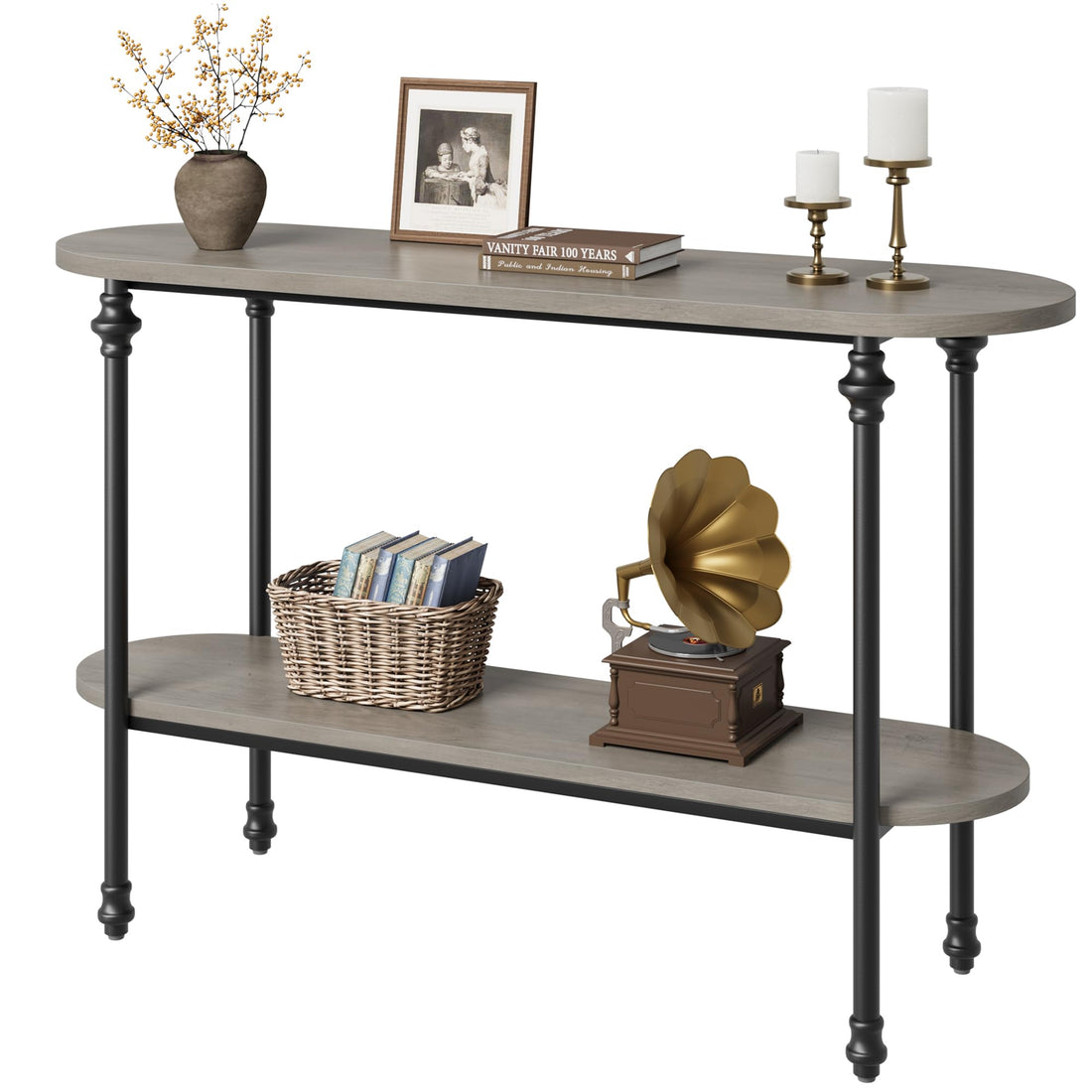 43.3 Inch Console Table, Entryway Table with Storage, 2 Tier Sofa Table with Metal Frame and MDF, Behind Couch Table for Living Room, Hallway, Entryway, Grey