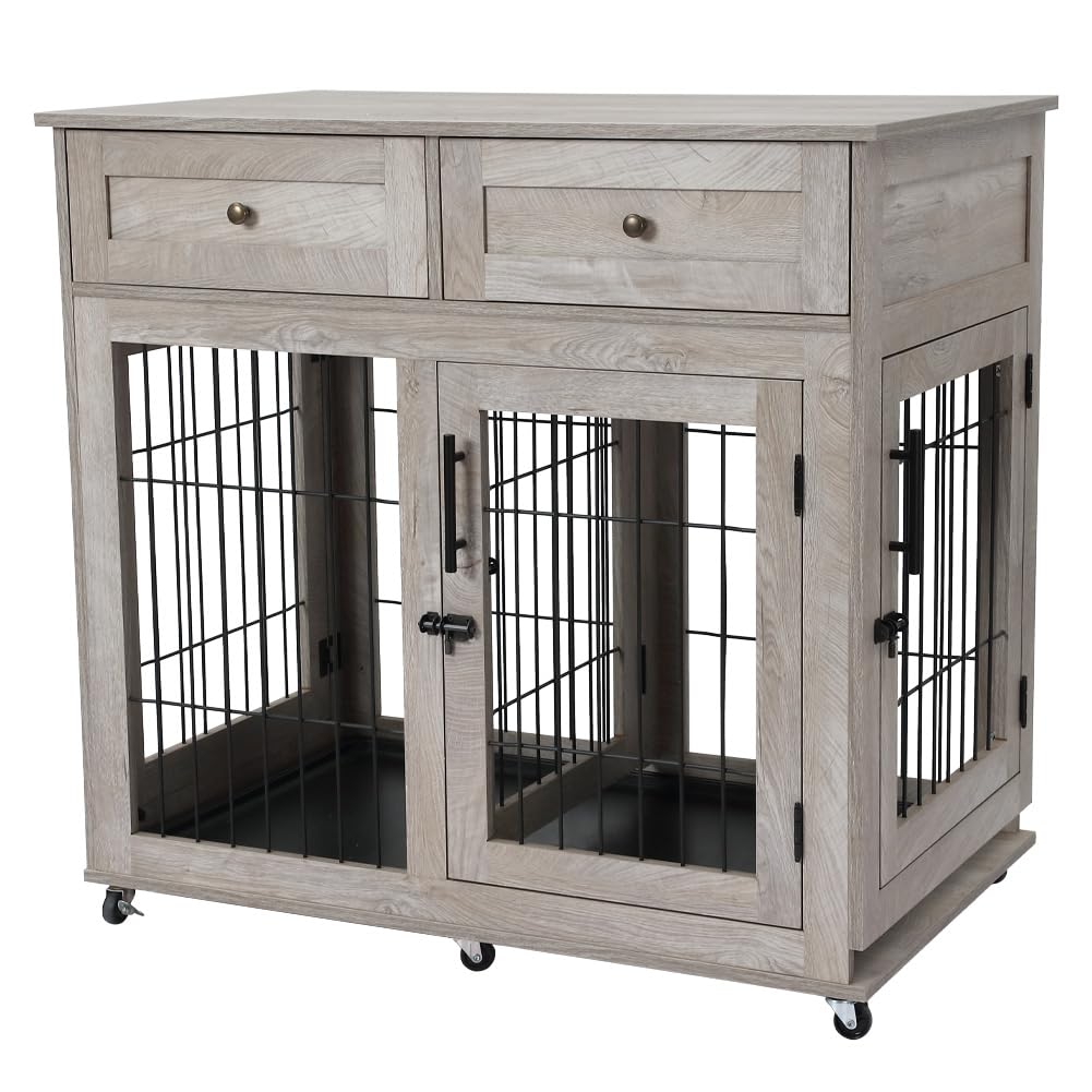 GARVEE Dog Crate Furniture Wooden Dog Kennel with Room Divider and Tray with 2 Drawers End Table