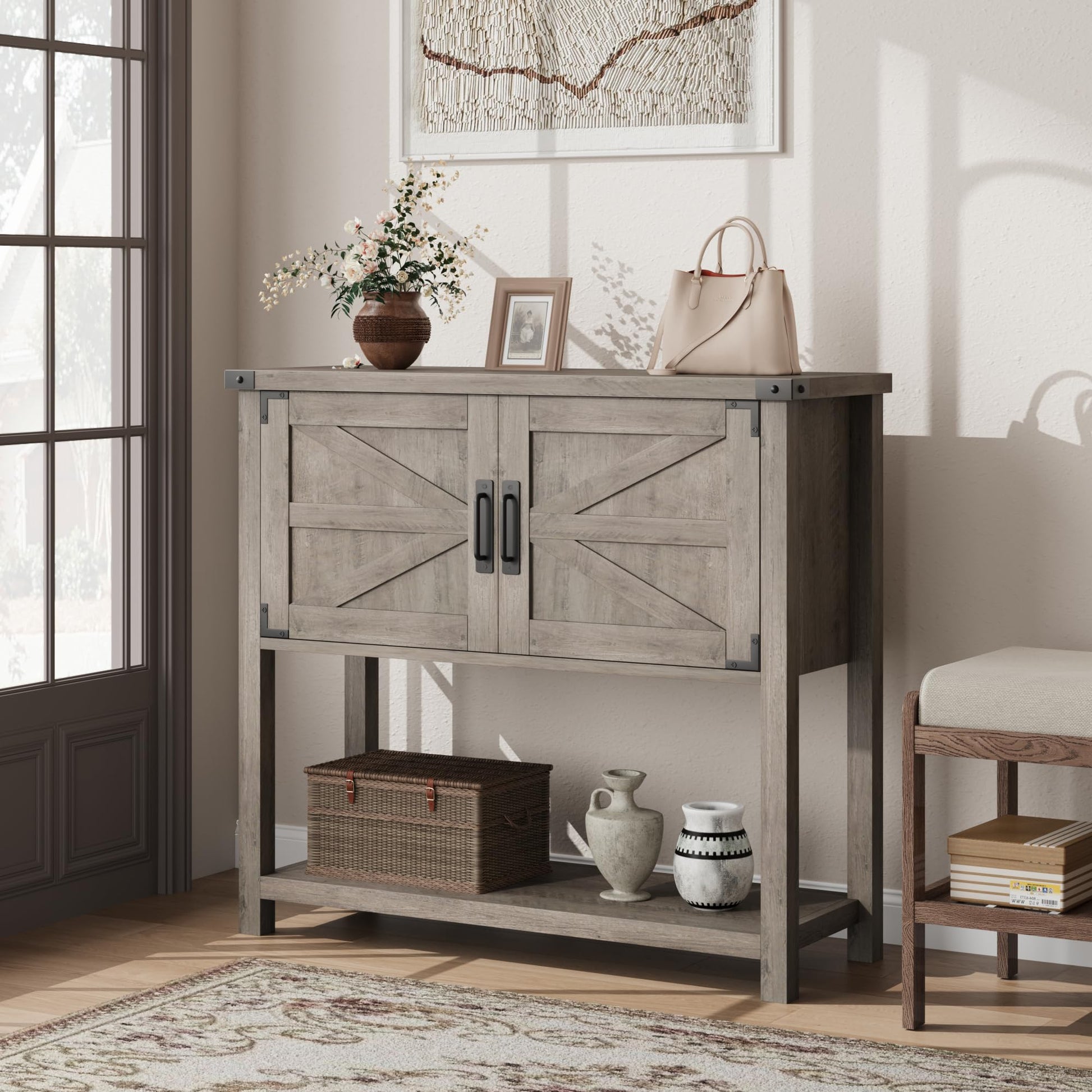 Garvee Farmhouse Console Table with 2-Door, Wood Coffee Bar Cabinet Sofa Table, Entryway Table with 2 Storage Cabinets, Farmhouse Buffet Sideboard for Kitchen, Living Room, Hallway, 32 Inch, Grey