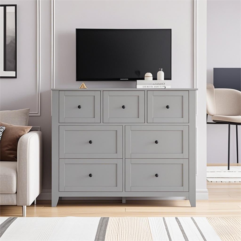 Garvee 7 Chest of Drawer Dresser, Modern and Stylish Dresser, Deep Drawers and Nickel Round Handle, Wood Organizer Dresser with Ample Storage Space for Bedroom, Living Room, Entryway, Gray