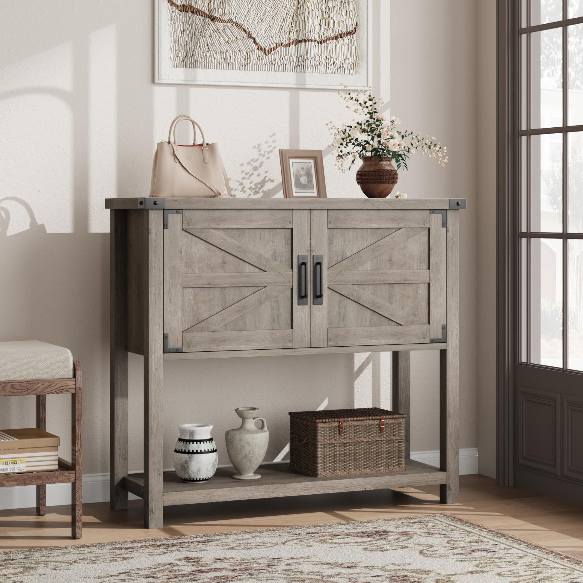 Garvee Farmhouse Console Table with 2-Door, Wood Coffee Bar Cabinet Sofa Table, Entryway Table with 2 Storage Cabinets, Farmhouse Buffet Sideboard for Kitchen, Living Room, Hallway, 32 Inch, Grey