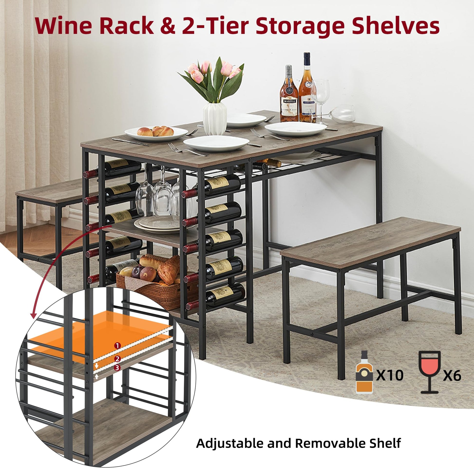 Garvee Dining Table Set for 4, Rectangular Kitchen Table Set with 2 Benches, Wine Rack and Glass Holder, 3 Piece Dining Table Set for Small Space Apartment, Grey