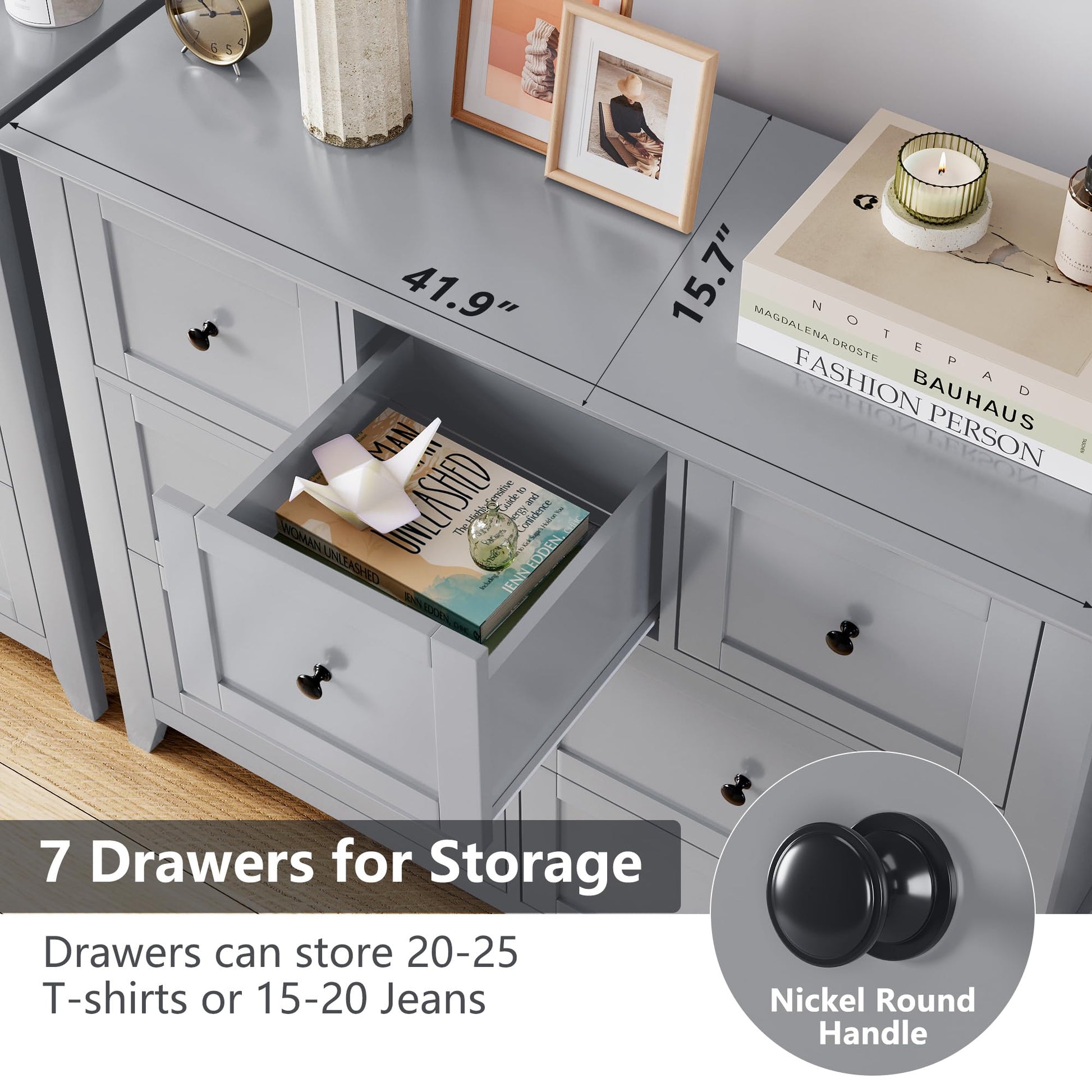 Garvee 7 Chest of Drawer Dresser, Modern and Stylish Dresser, Deep Drawers and Nickel Round Handle, Wood Organizer Dresser with Ample Storage Space for Bedroom, Living Room, Entryway, Gray