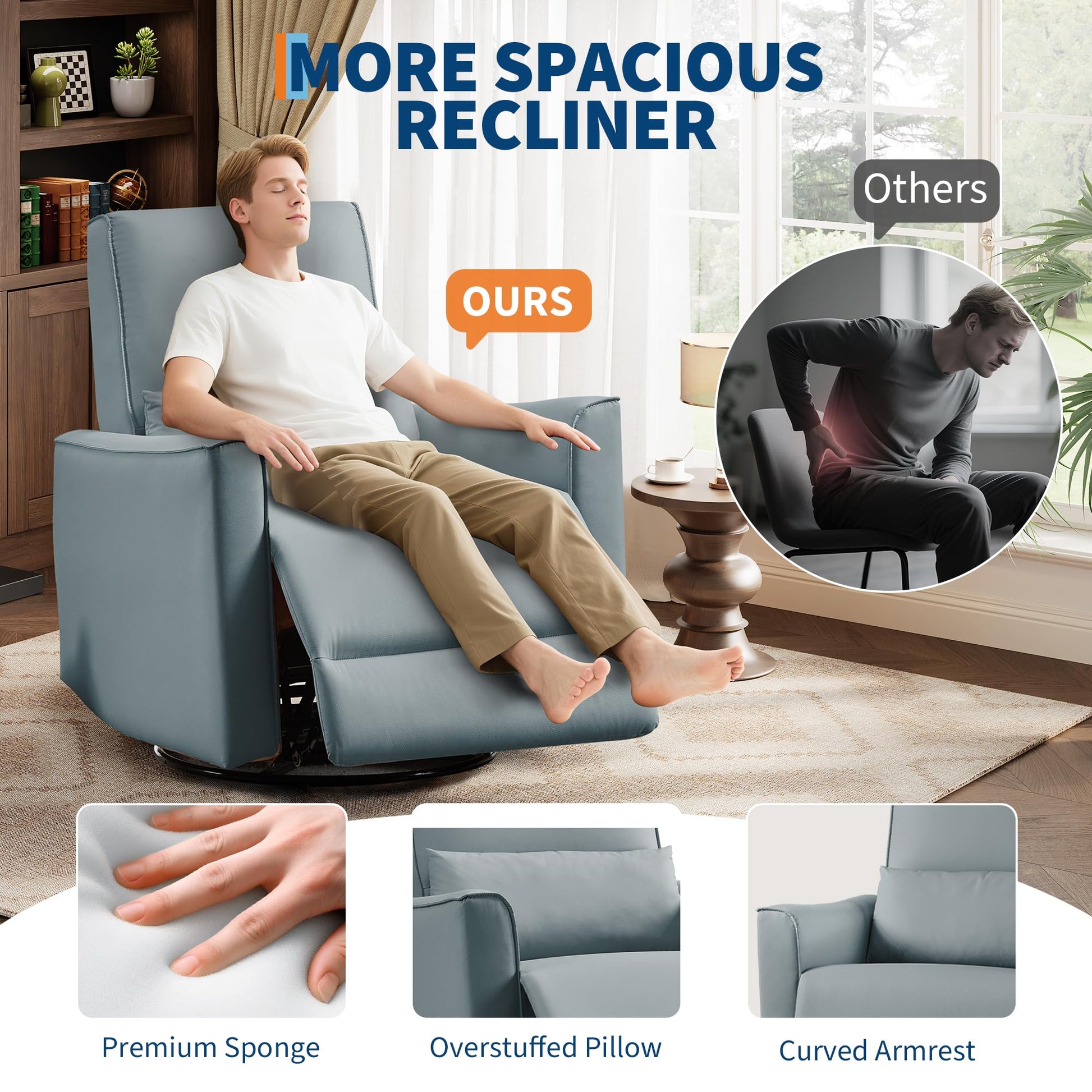 Garvee Swivel Rocking Nursery Recliner Chair Rocker Recliner Glider Deep Seat PU Leather Sofa Chair with high Backrest for Nursery, Living Room, Bedroom & Home Movie Theater (Gray)