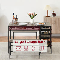 Garvee Dining Table Set for 4, Rectangular Kitchen Table Set with 2 Benches, Wine Rack and Glass Holder, 3 Piece Dining Table Set for Small Space Apartment, Grey