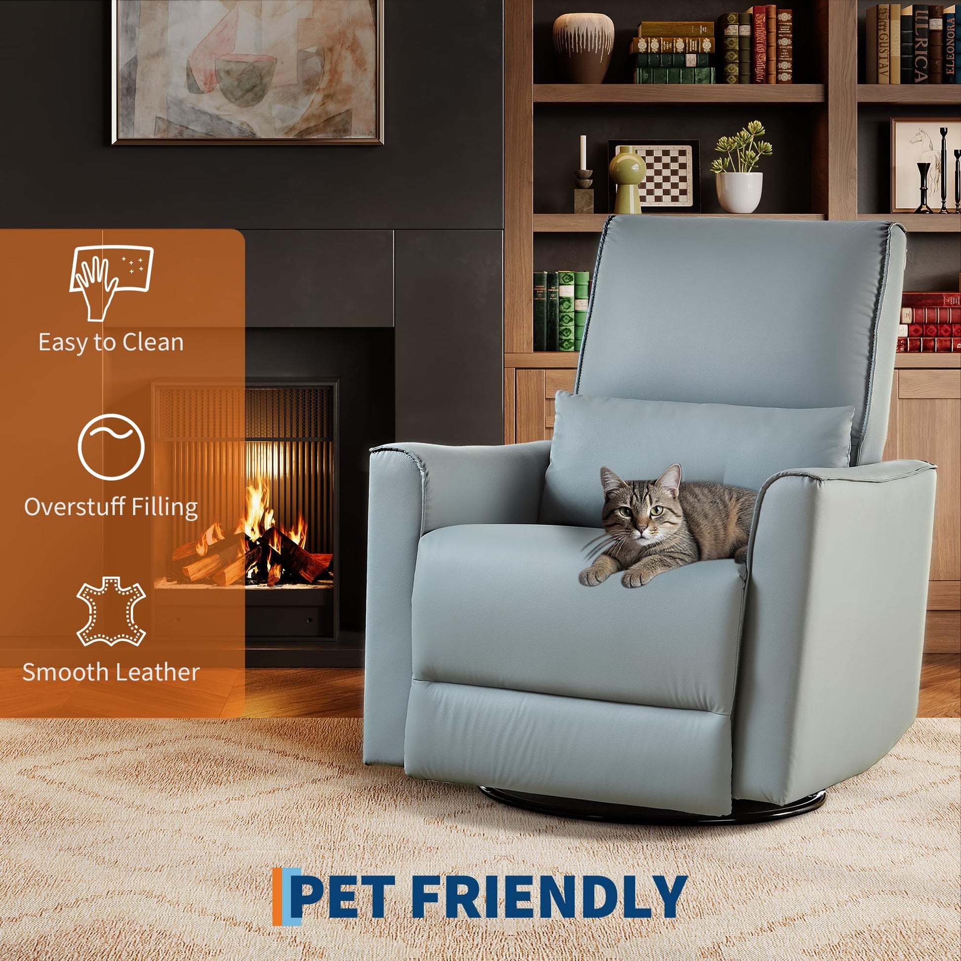 Garvee Swivel Rocking Nursery Recliner Chair Rocker Recliner Glider Deep Seat PU Leather Sofa Chair with high Backrest for Nursery, Living Room, Bedroom & Home Movie Theater (Gray)