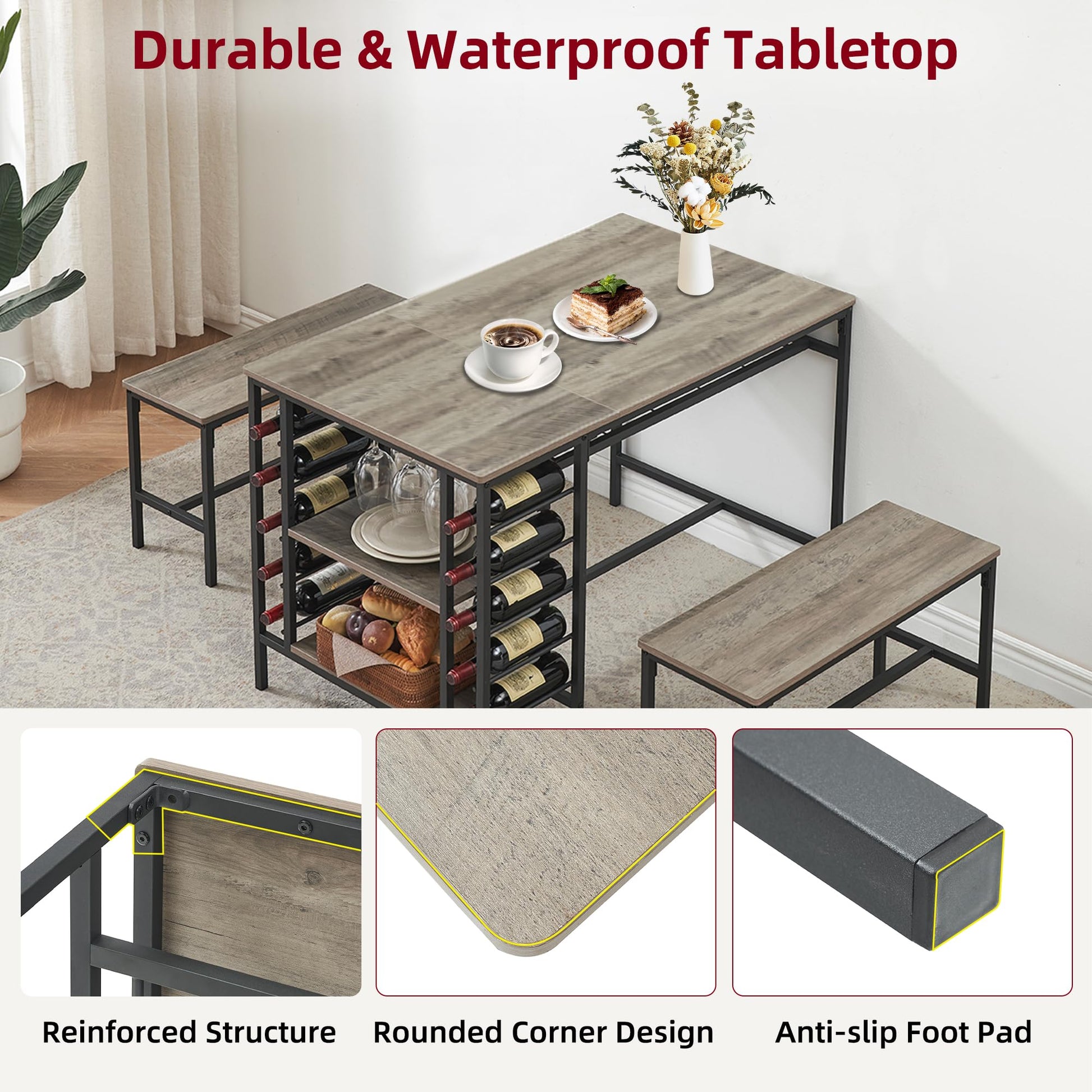 Garvee Dining Table Set for 4, Rectangular Kitchen Table Set with 2 Benches, Wine Rack and Glass Holder, 3 Piece Dining Table Set for Small Space Apartment, Grey