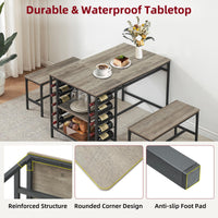 Garvee Dining Table Set for 4, Rectangular Kitchen Table Set with 2 Benches, Wine Rack and Glass Holder, 3 Piece Dining Table Set for Small Space Apartment, Grey