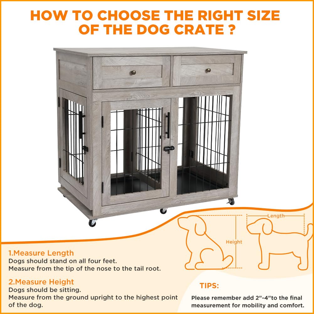 GARVEE Dog Crate Furniture Wooden Dog Kennel with Room Divider and Tray with 2 Drawers End Table