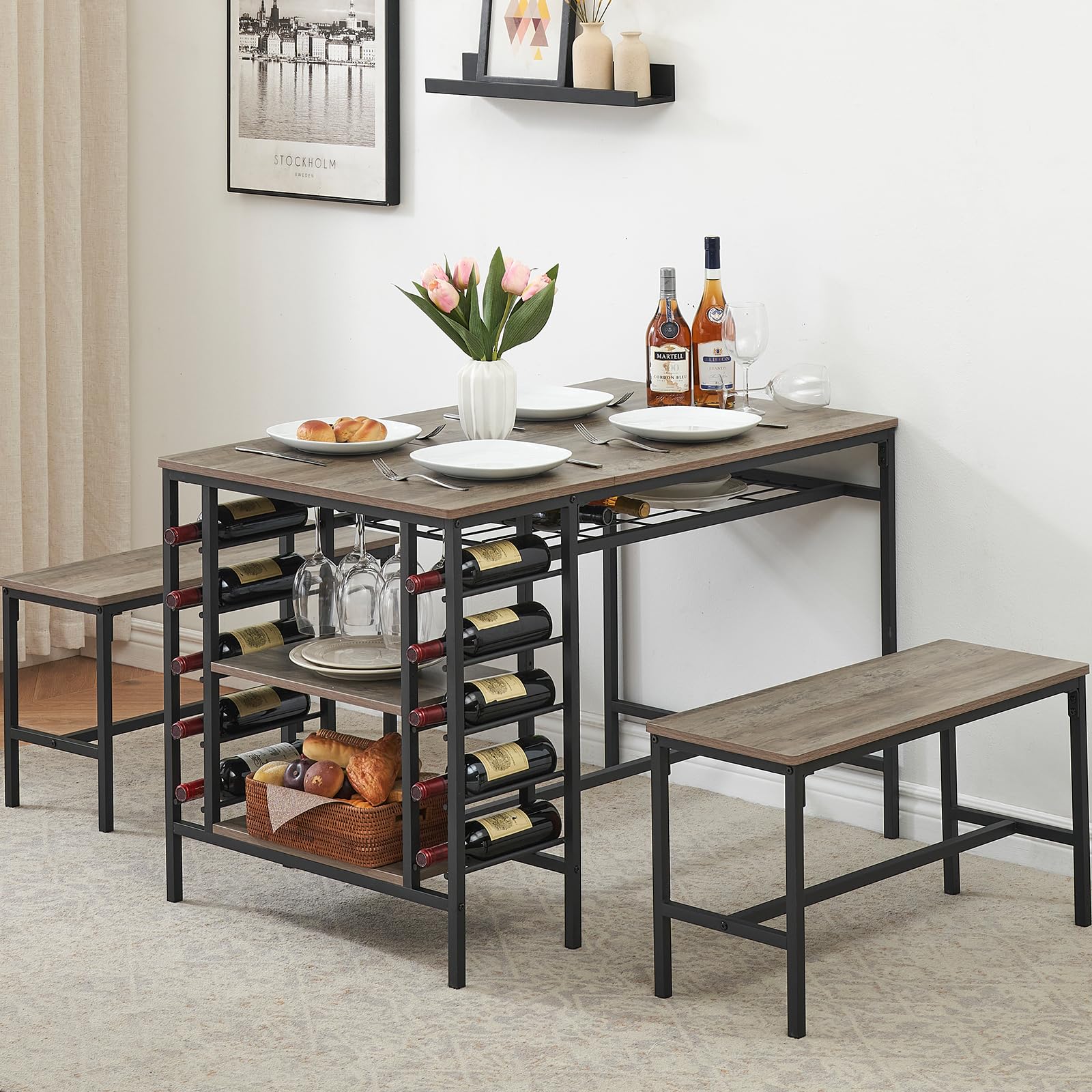 Garvee Dining Table Set for 4, Rectangular Kitchen Table Set with 2 Benches, Wine Rack and Glass Holder, 3 Piece Dining Table Set for Small Space Apartment, Grey