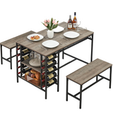 Garvee Dining Table Set for 4, Rectangular Kitchen Table Set with 2 Benches, Wine Rack and Glass Holder, 3 Piece Dining Table Set for Small Space Apartment, Grey - Grey