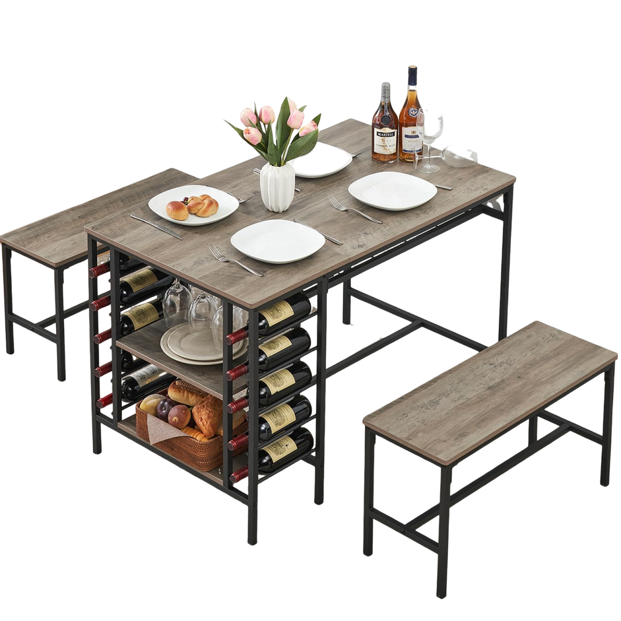 Garvee Dining Table Set for 4, Rectangular Kitchen Table Set with 2 Benches, Wine Rack and Glass Holder, 3 Piece Dining Table Set for Small Space Apartment, Grey