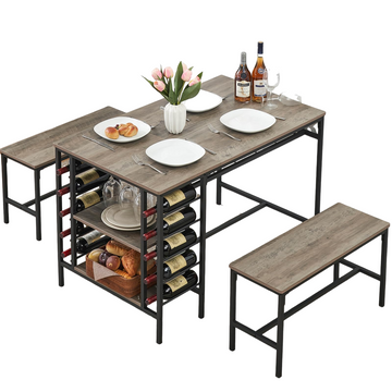 Garvee Dining Table Set for 4, Rectangular Kitchen Table Set with 2 Benches, Wine Rack and Glass Holder, 3 Piece Dining Table Set for Small Space Apartment, Grey