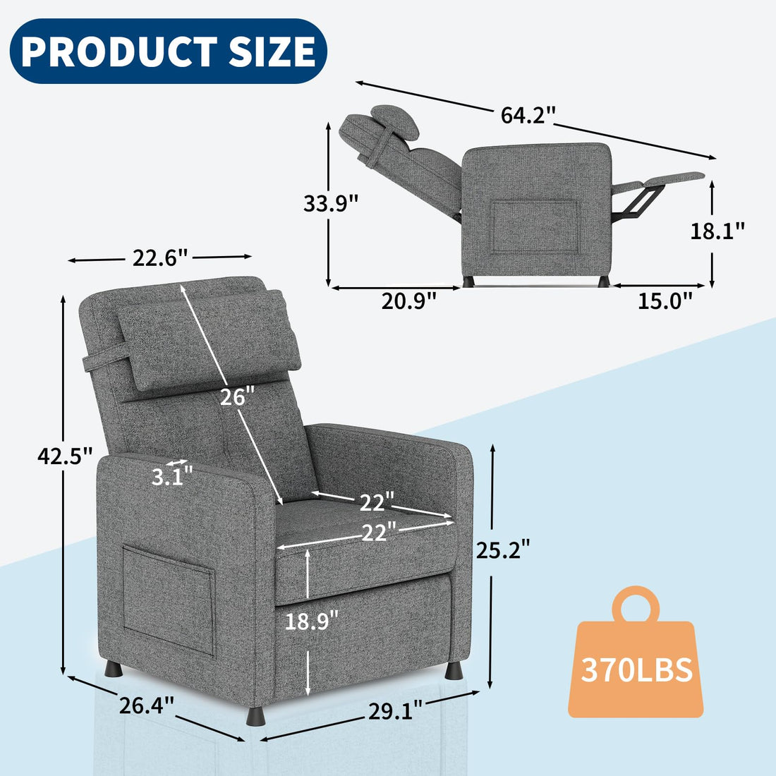 Garvee Power Recliner Chair with Massage & Heat, Adjustable Electric Recliner, Ergonomic Overstuffed Tall Back, Padded Seat, USB Port, Side Pockets, for Home Theater & Living Room, Grey