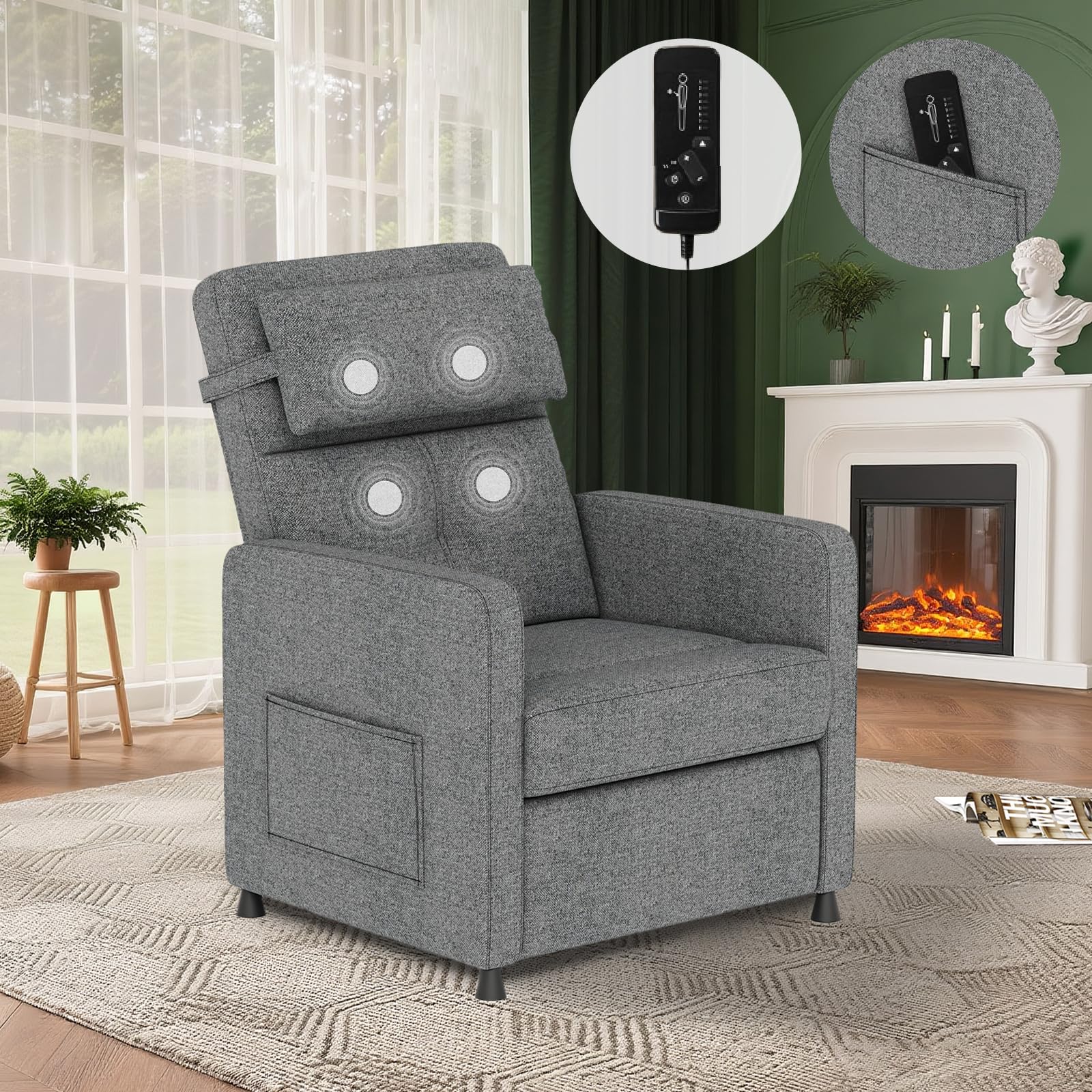 Garvee Power Recliner Chair with Massage & Heat, Adjustable Electric Recliner, Ergonomic Overstuffed Tall Back, Padded Seat, USB Port, Side Pockets, for Home Theater & Living Room, Grey