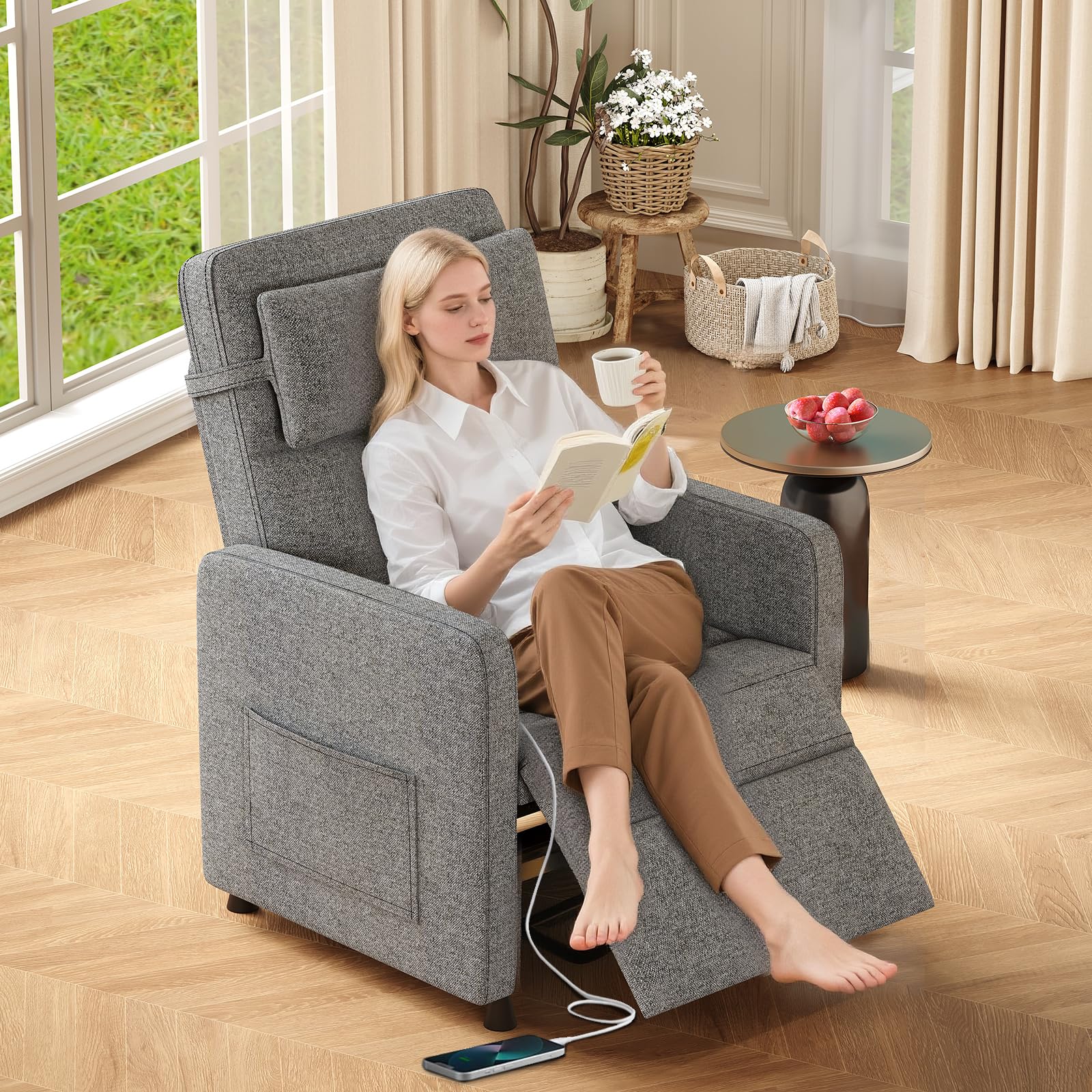 Garvee Power Recliner Chair with Massage & Heat, Adjustable Electric Recliner, Ergonomic Overstuffed Tall Back, Padded Seat, USB Port, Side Pockets, for Home Theater & Living Room, Grey