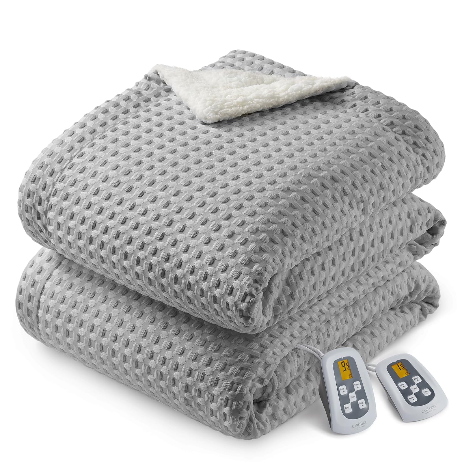 Garvee Heated Blanket Queen Size with LCD Dual Controller, Waffle Weave Fast Heating Electric Blankets, 10 Heat Levels & 1-12H Time Settings, ETL Certified, Machine Washable, Grey, 84" x 90"