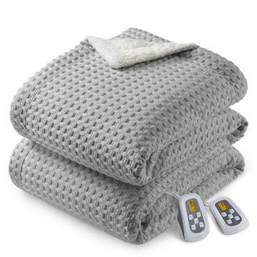 Garvee Heated Blanket Queen Size with LCD Dual Controller, Waffle Weave Fast Heating Electric Blankets, 10 Heat Levels & 1-12H Time Settings, ETL Certified, Machine Washable, Grey, 84" x 90"