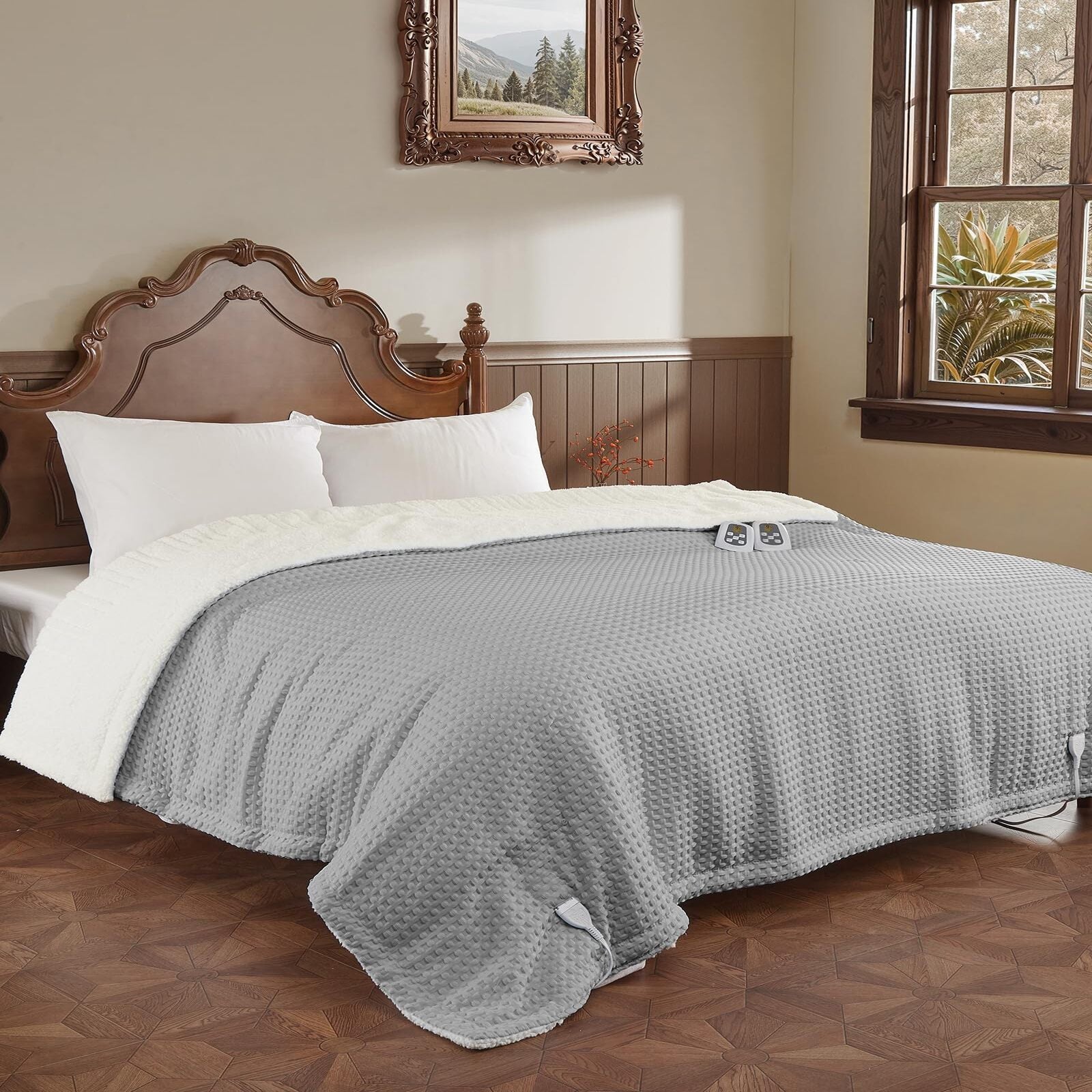 Garvee Heated Blanket Queen Size with LCD Dual Controller, Waffle Weave Fast Heating Electric Blankets, 10 Heat Levels & 1-12H Time Settings, ETL Certified, Machine Washable, Grey, 84" x 90"