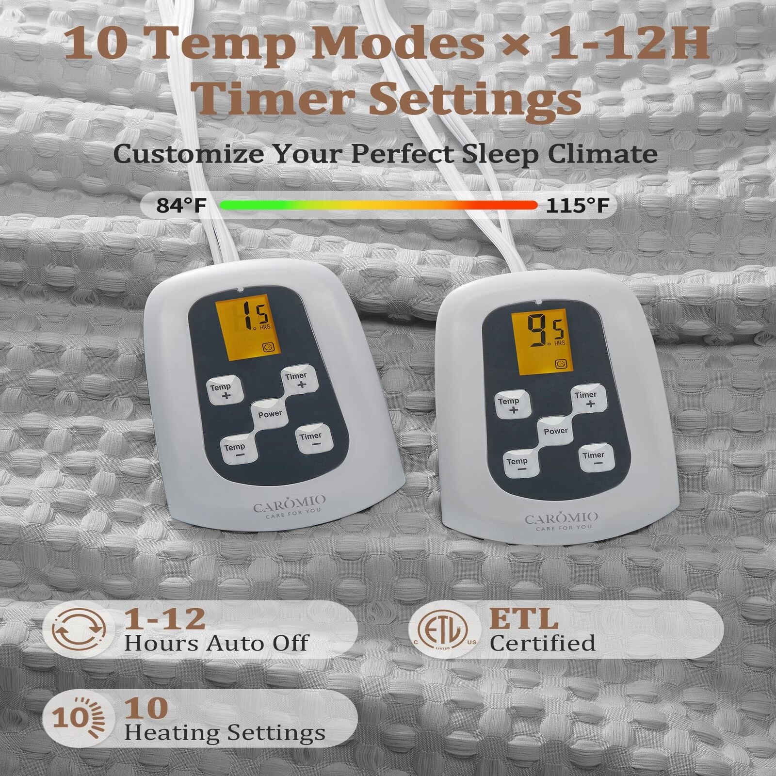 Garvee Heated Blanket Queen Size with LCD Dual Controller, Waffle Weave Fast Heating Electric Blankets, 10 Heat Levels & 1-12H Time Settings, ETL Certified, Machine Washable, Grey, 84" x 90"