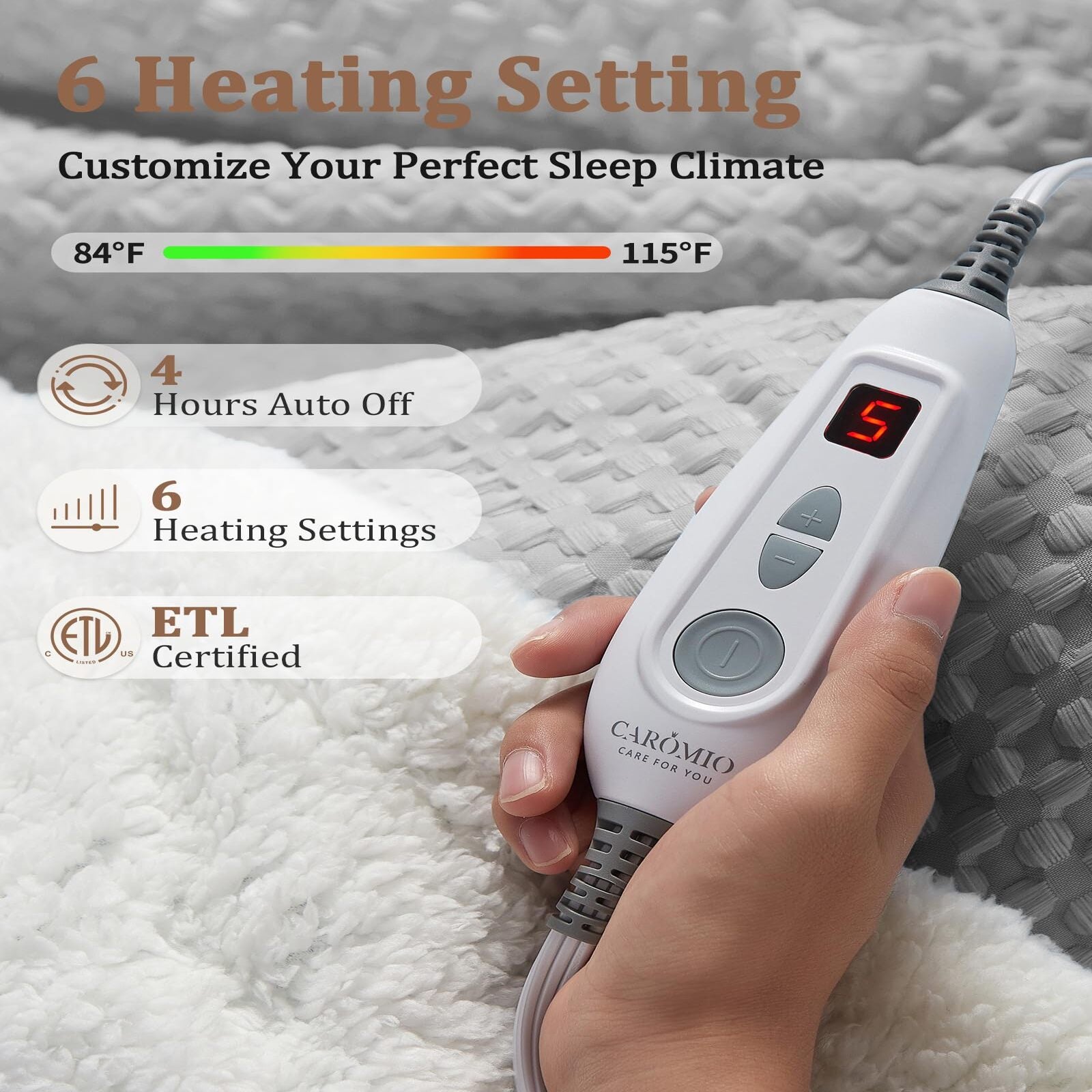 Garvee Heated Blanket Throw, Waffle Weave Electric Throw Blanket Fast Heating with LCD Controller, 6 Heat Levels & 4 Hour Auto Shut Off, ETL Certified, Machine Washable, Grey, 50" x 60"