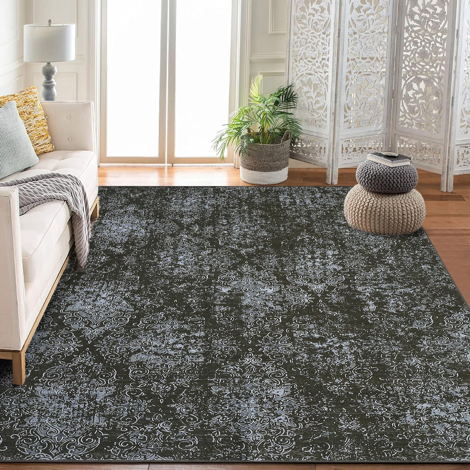 Garvee Bedroom Rug Washable Area Rug Non Slip Low Pile Boho Floral Small Carpet for Bedroom Bedside Soft Paisley Design 0.3 Inch Thickness