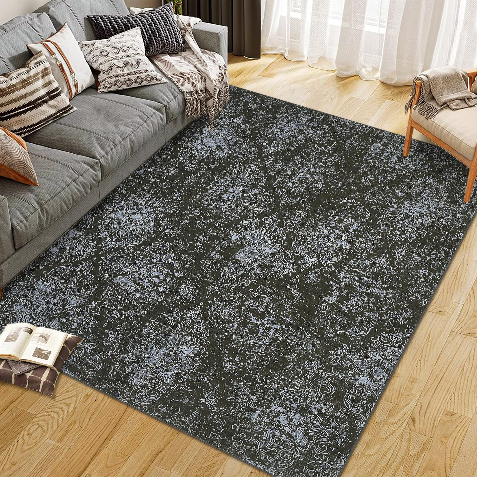 Garvee Bedroom Rug Washable Area Rug Non Slip Low Pile Boho Floral Small Carpet for Bedroom Bedside Soft Paisley Design 0.3 Inch Thickness